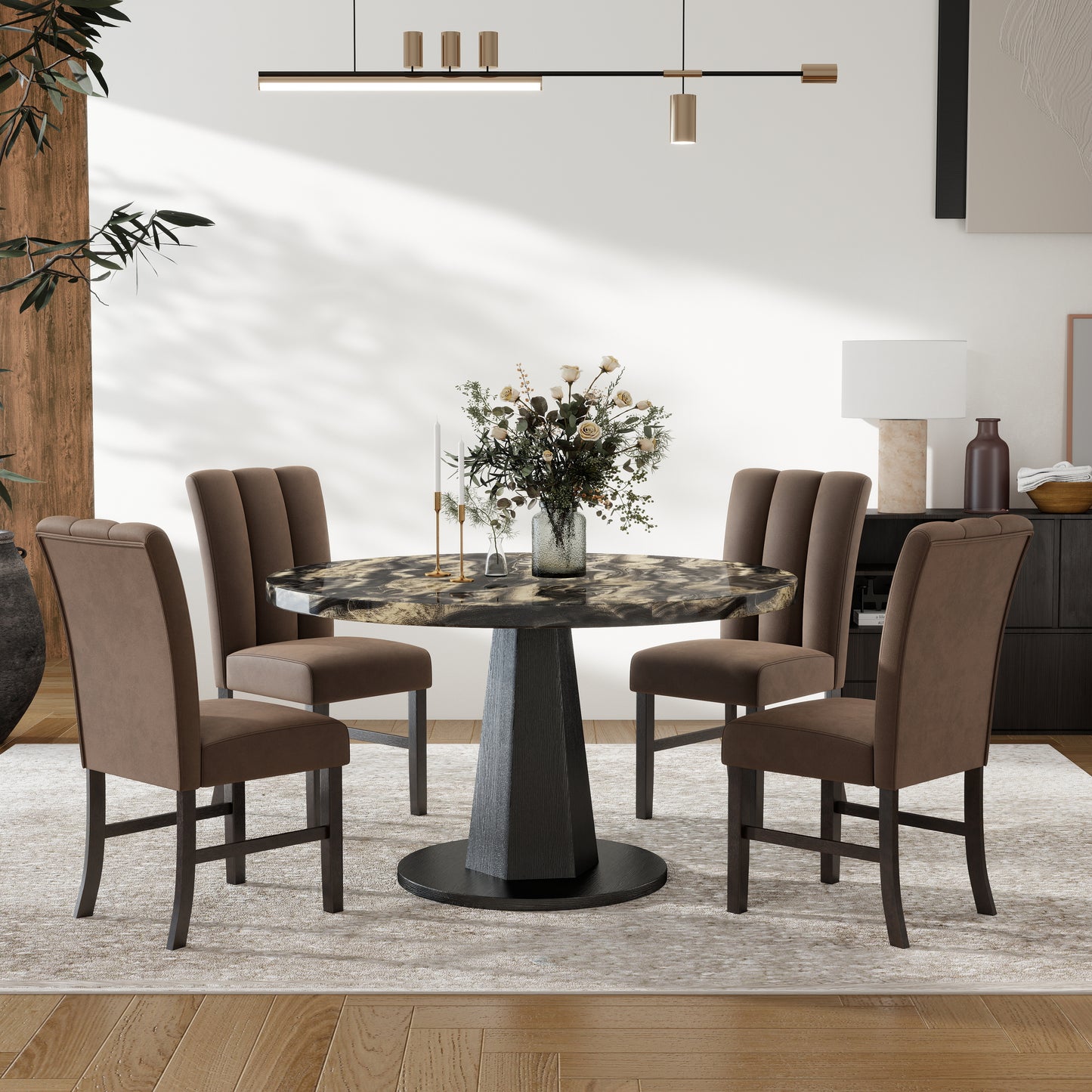 Roundhill Furniture Cavira 5-Piece Modern Dining Set, Faux Marble Dining Table with Four Upholstered Chairs