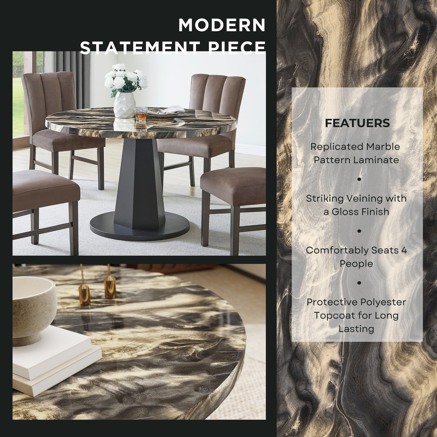 Roundhill Furniture Cavira 5-Piece Modern Dining Set, Faux Marble Dining Table with Four Upholstered Chairs