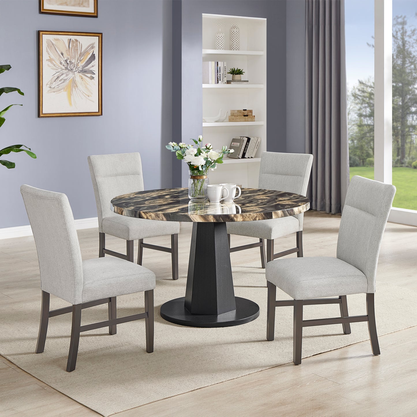 Roundhill Furniture Cavira 5-Piece Modern Dining Set, Faux Marble Dining Table with Four Upholstered Chairs