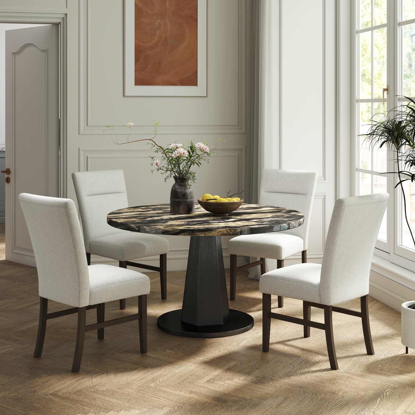 Roundhill Furniture Cavira 5-Piece Modern Dining Set, Faux Marble Dining Table with Four Upholstered Chairs