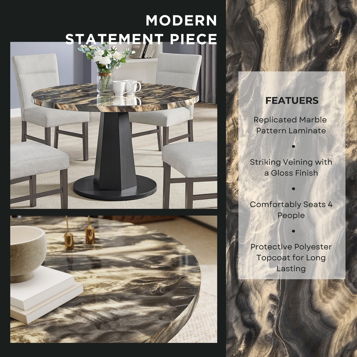 Roundhill Furniture Cavira 5-Piece Modern Dining Set, Faux Marble Dining Table with Four Upholstered Chairs