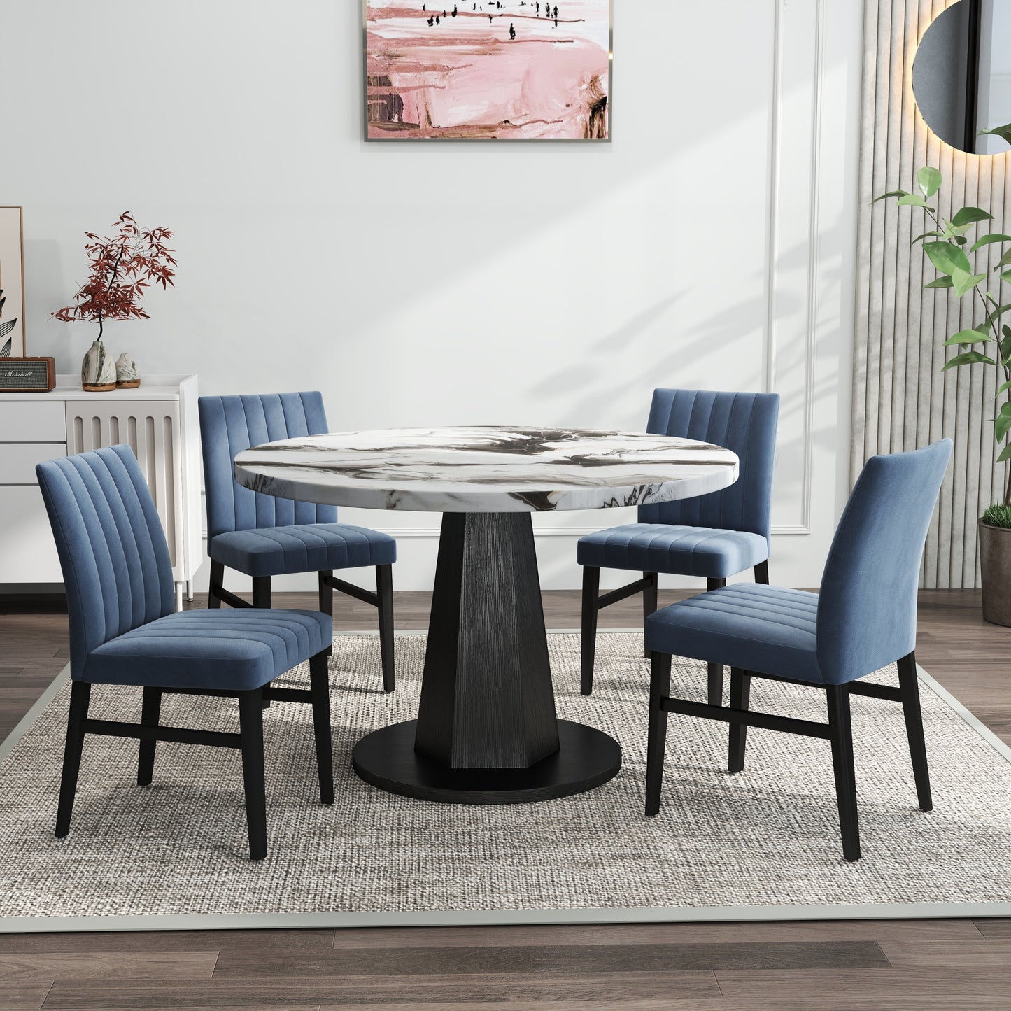 Roundhill Furniture Cavira 5-Piece Modern Dining Set, Faux Marble Dining Table with Four Chairs