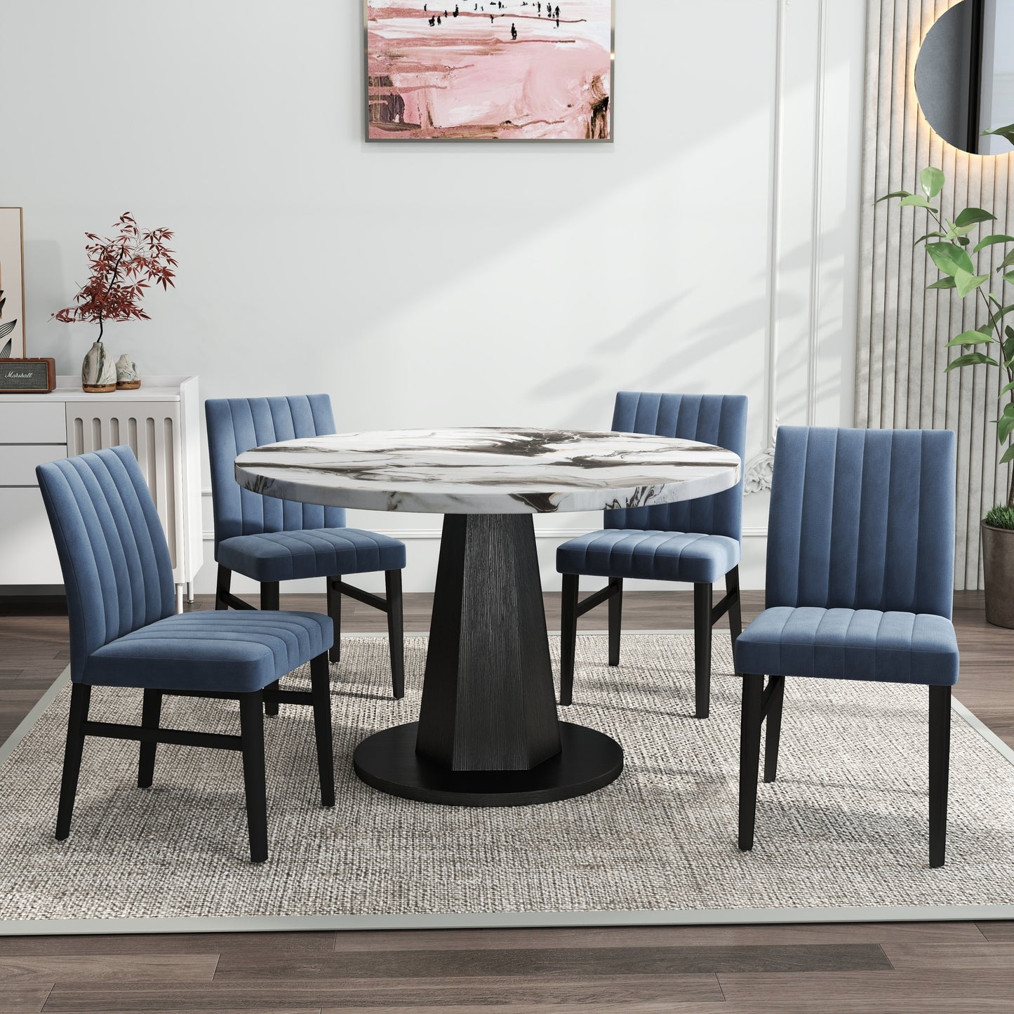 Roundhill Furniture Cavira 5-Piece Modern Dining Set, Faux Marble Dining Table with Four Chairs