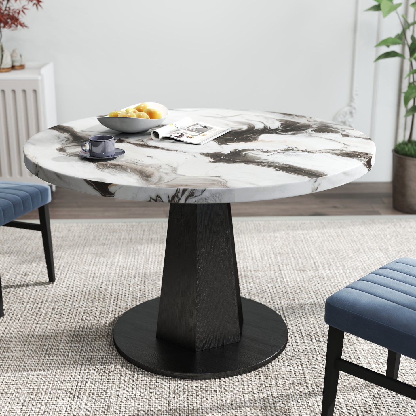 Roundhill Furniture Cavira 5-Piece Modern Dining Set, Faux Marble Dining Table with Four Chairs