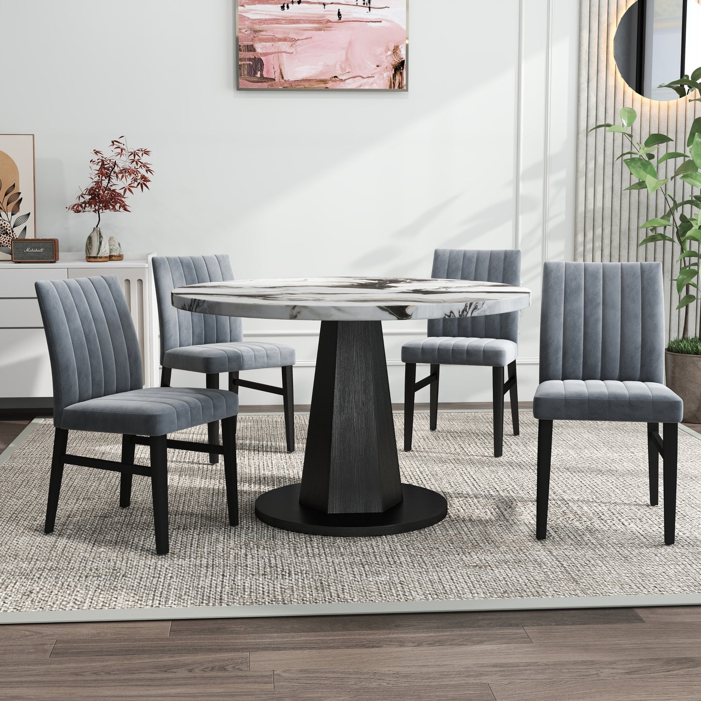 Roundhill Furniture Cavira 5-Piece Modern Dining Set, Faux Marble Dining Table with Four Chairs