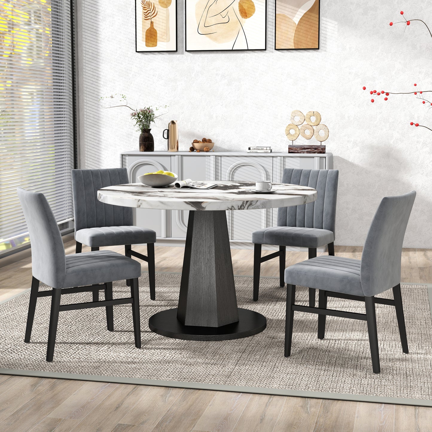Roundhill Furniture Cavira 5-Piece Modern Dining Set, Faux Marble Dining Table with Four Chairs