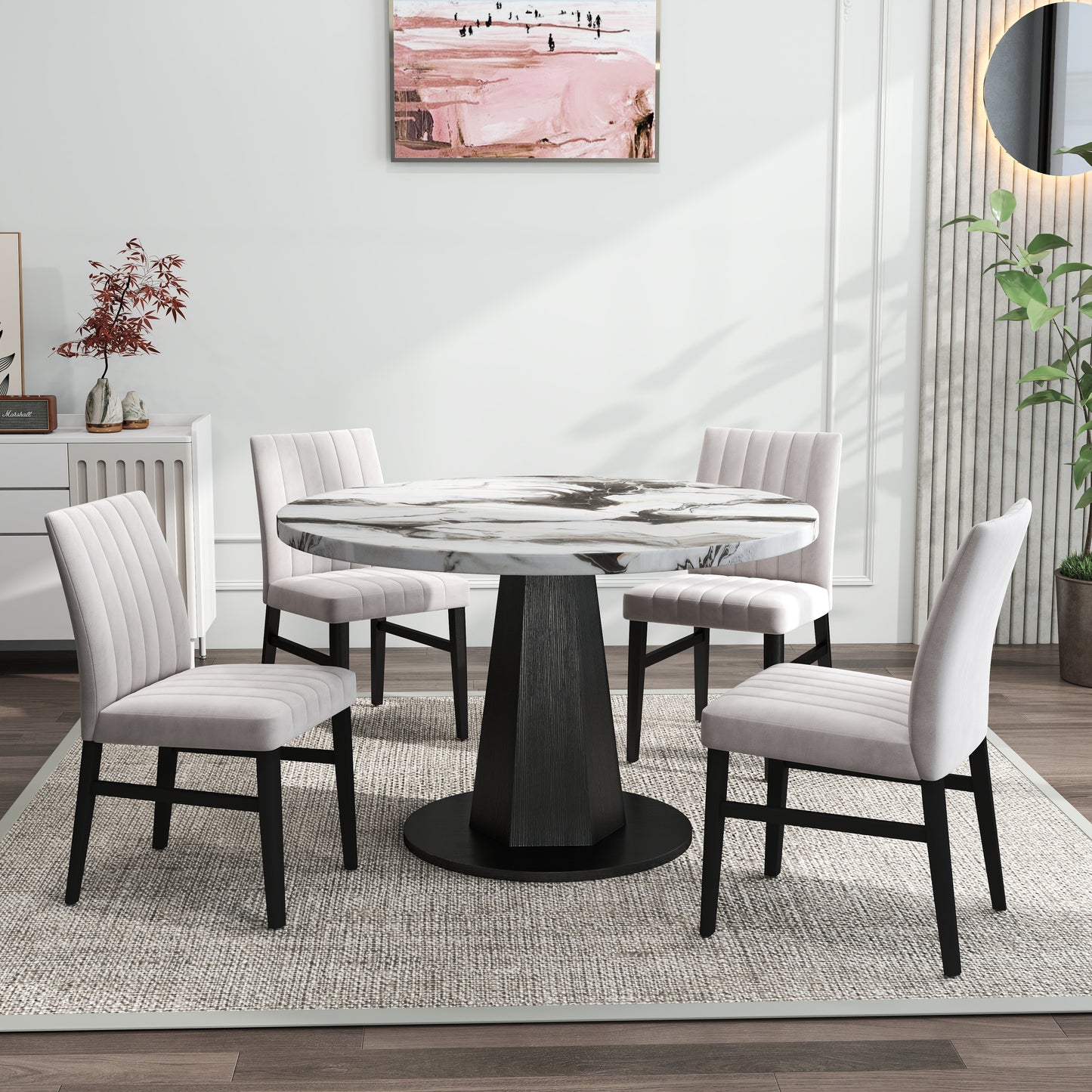 Roundhill Furniture Cavira 5-Piece Modern Dining Set, Faux Marble Dining Table with Four Chairs