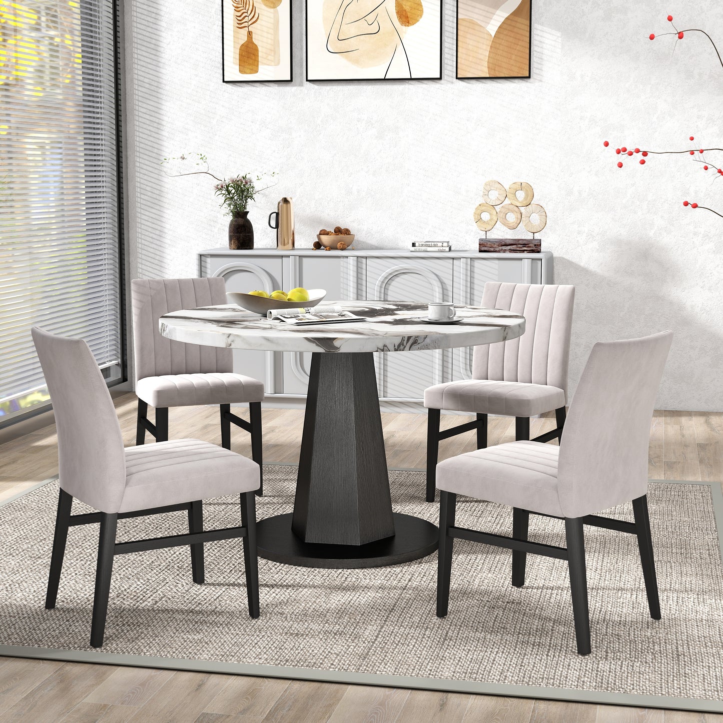 Roundhill Furniture Cavira 5-Piece Modern Dining Set, Faux Marble Dining Table with Four Chairs