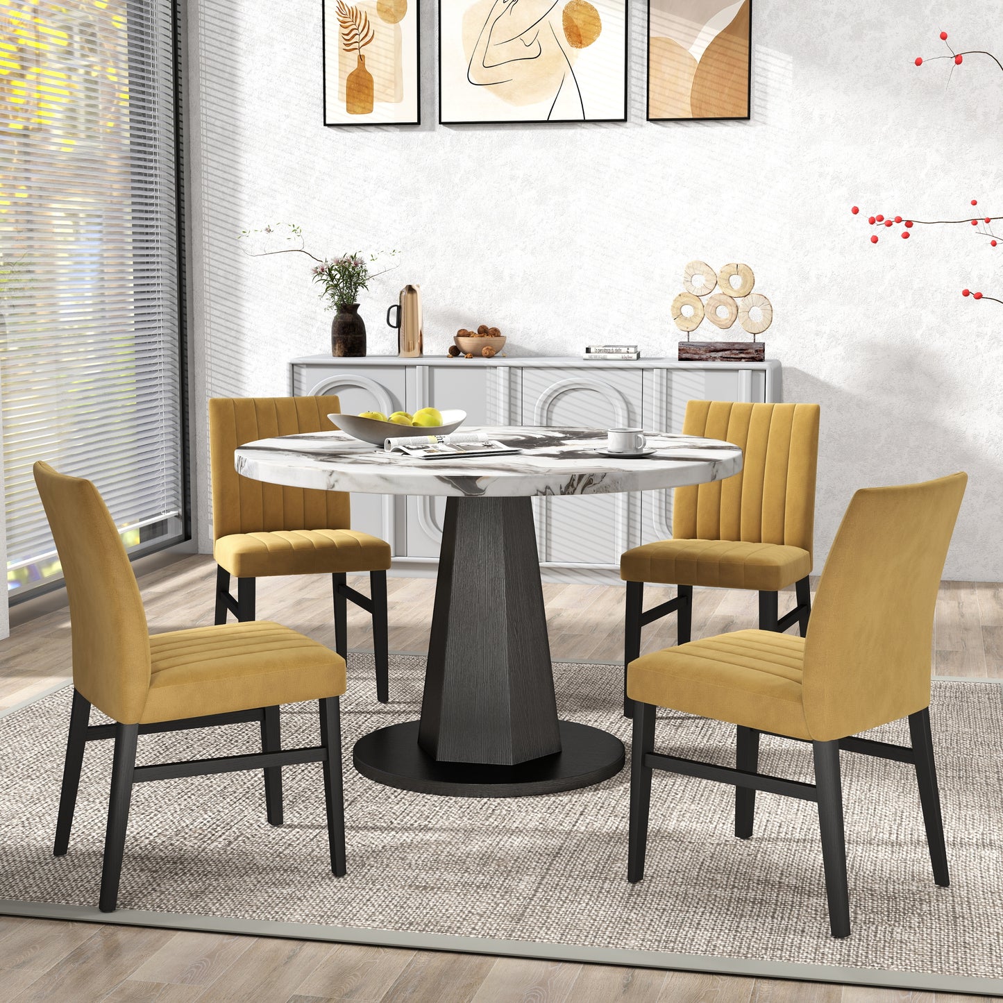 Roundhill Furniture Cavira 5-Piece Modern Dining Set, Faux Marble Dining Table with Four Chairs