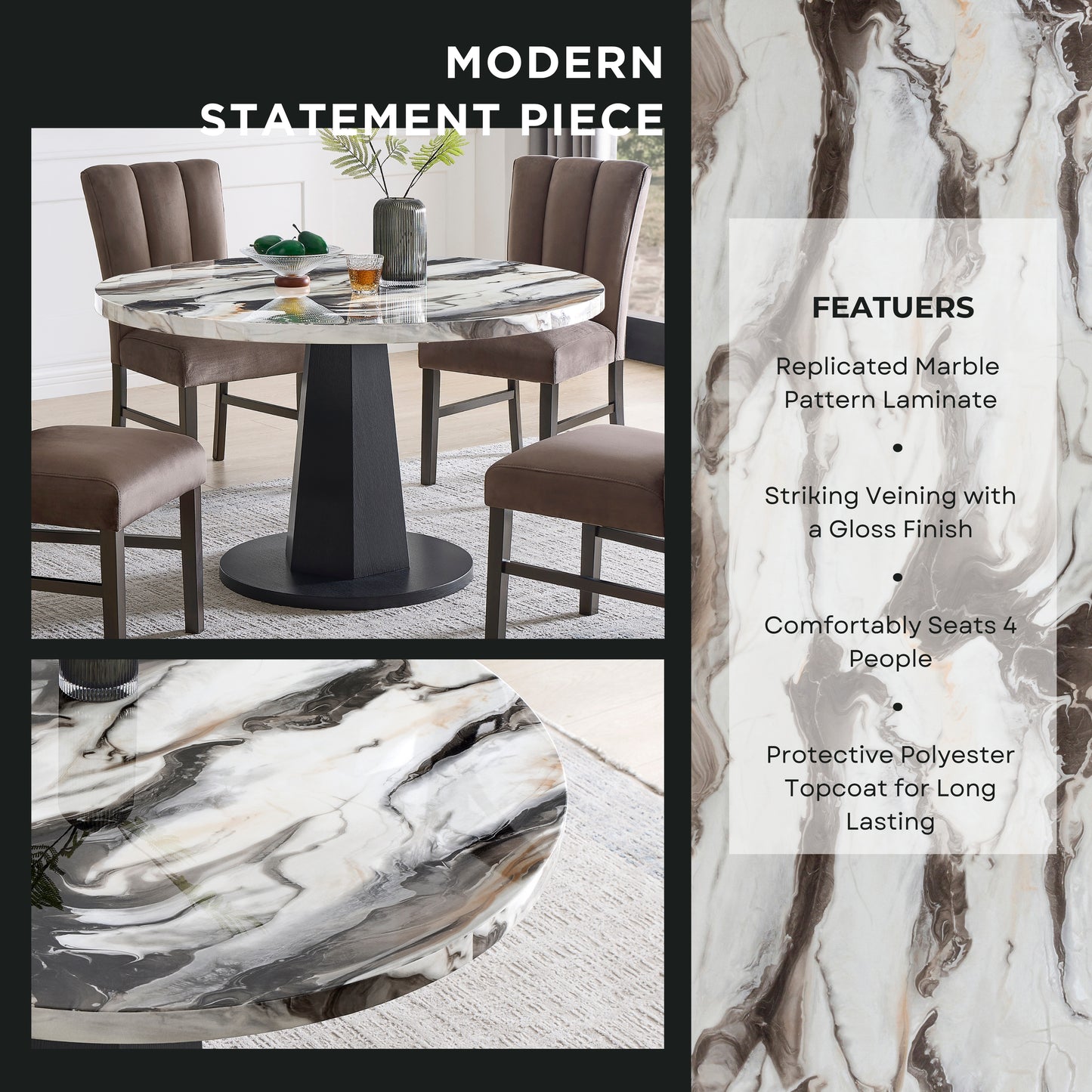 Roundhill Furniture Cavira 5-Piece Modern Dining Set, Faux Marble Dining Table with Four Upholstered Chairs