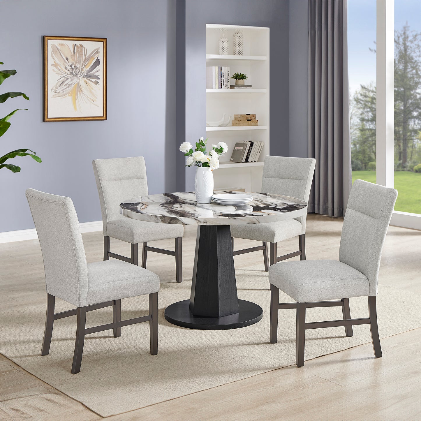 Roundhill Furniture Cavira 5-Piece Modern Dining Set, Faux Marble Dining Table with Four Upholstered Chairs