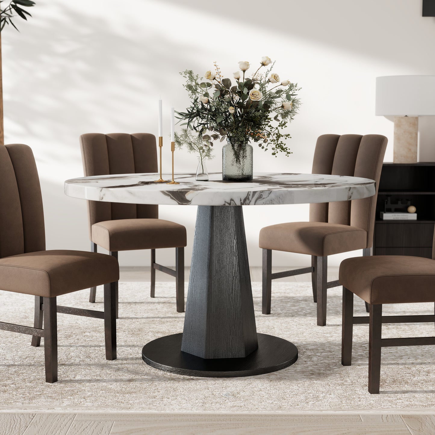 Roundhill Furniture Cavira Modern Faux Marble Dining Table with Wood Pedestal Base