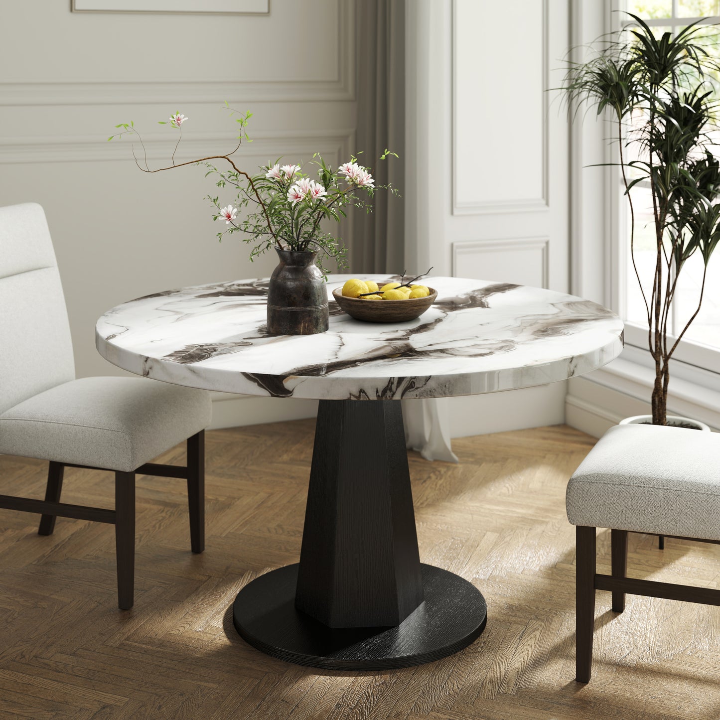 Roundhill Furniture Cavira Modern Faux Marble Dining Table with Wood Pedestal Base