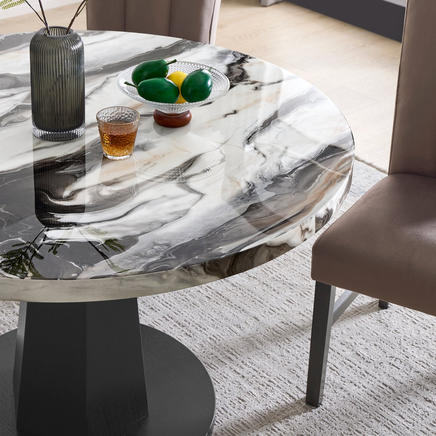 Roundhill Furniture Cavira Modern Faux Marble Dining Table with Wood Pedestal Base