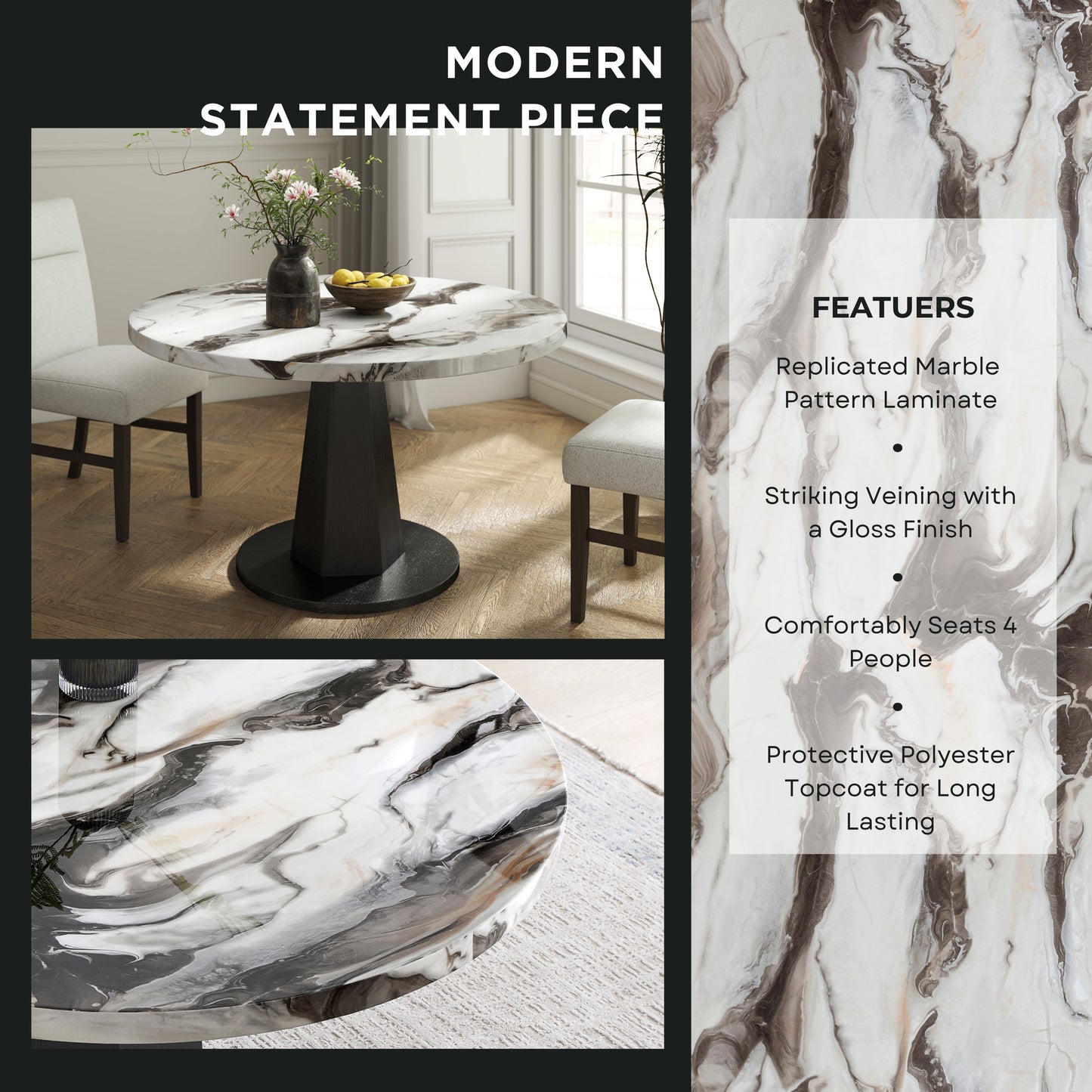 Roundhill Furniture Cavira Modern Faux Marble Dining Table with Wood Pedestal Base