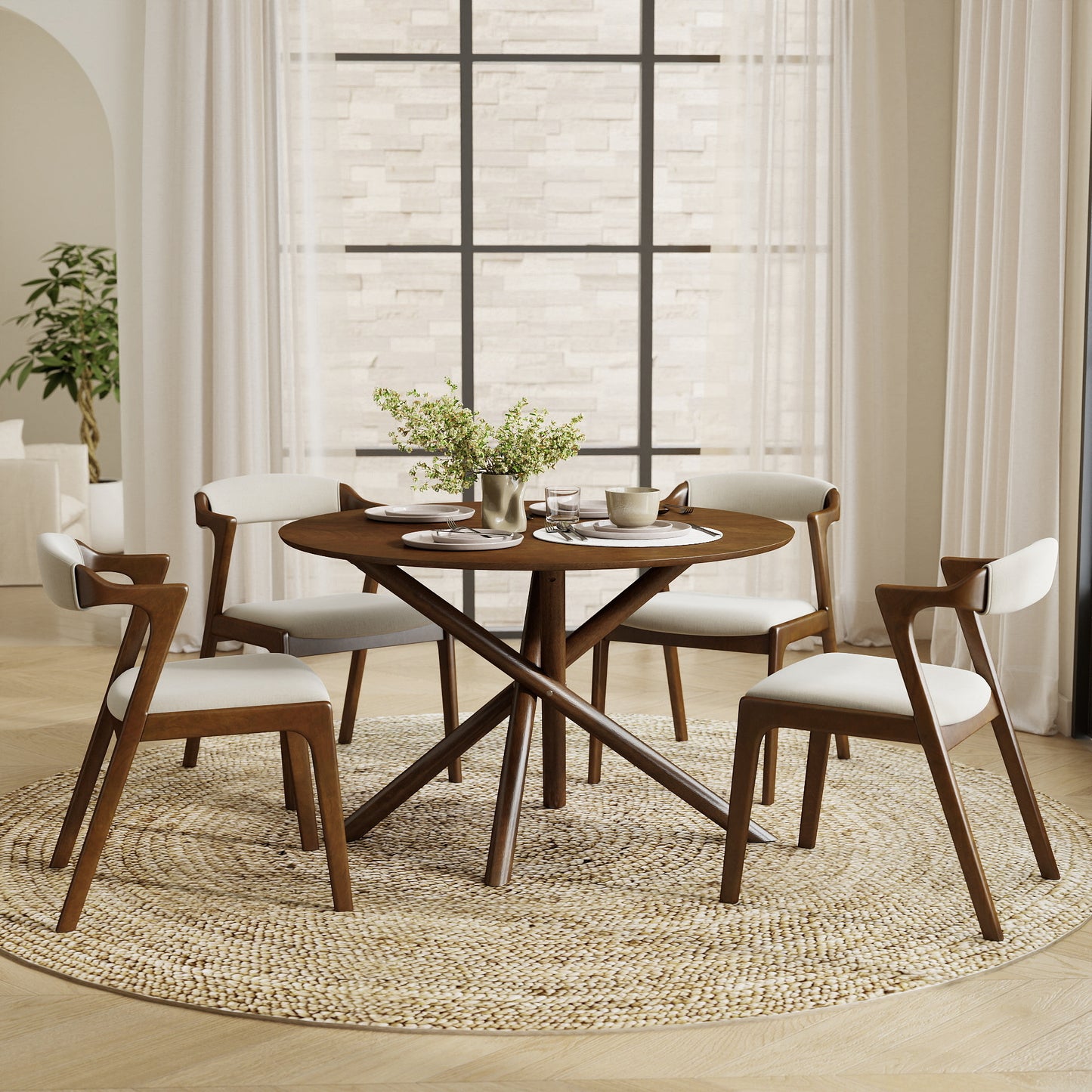Roundhill Furniture Arnott 5-Piece Dining Set, Round Dining Table with 4 Stylish Chairs, Walnut Finish