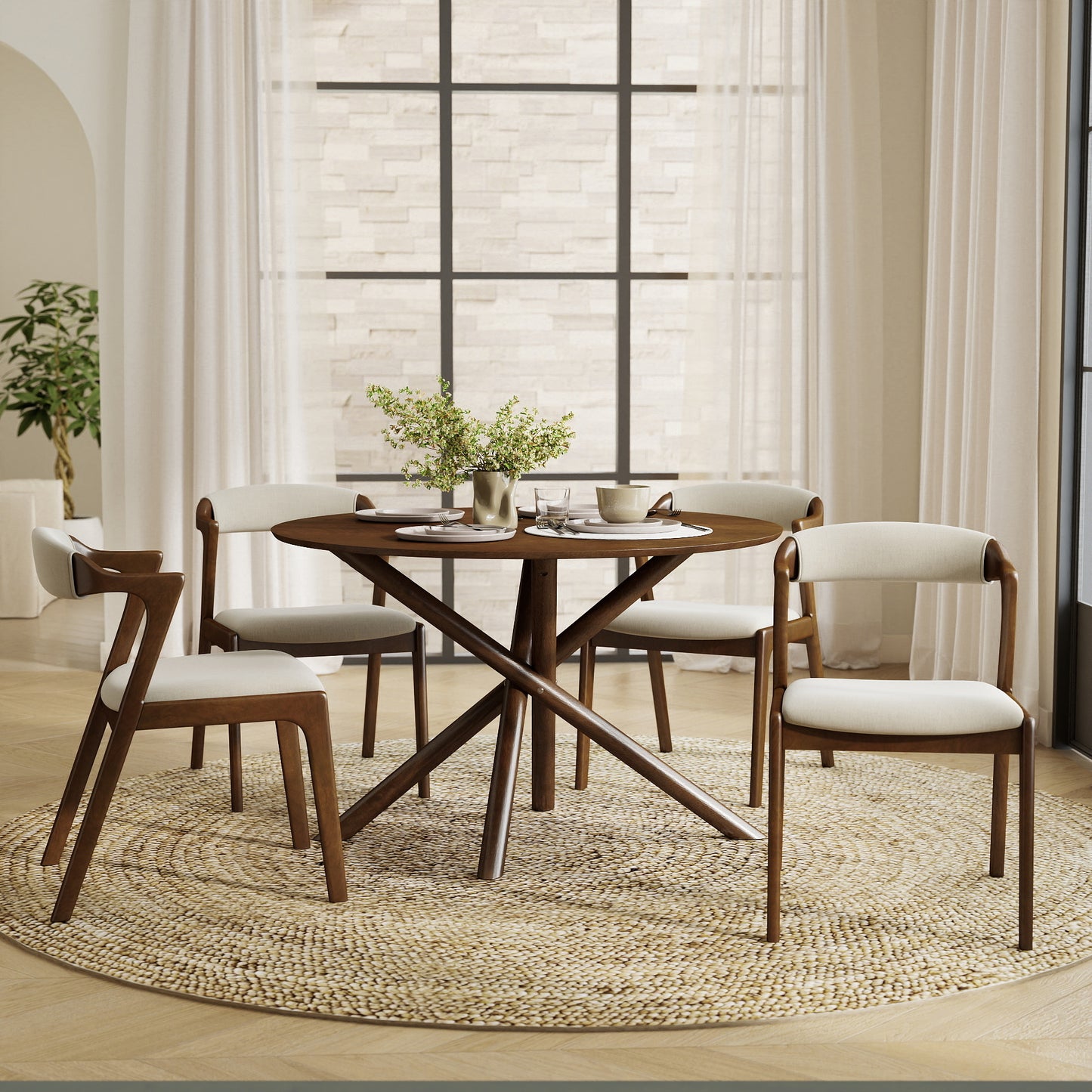 Roundhill Furniture Arnott 5-Piece Dining Set, Round Dining Table with 4 Stylish Chairs, Walnut Finish