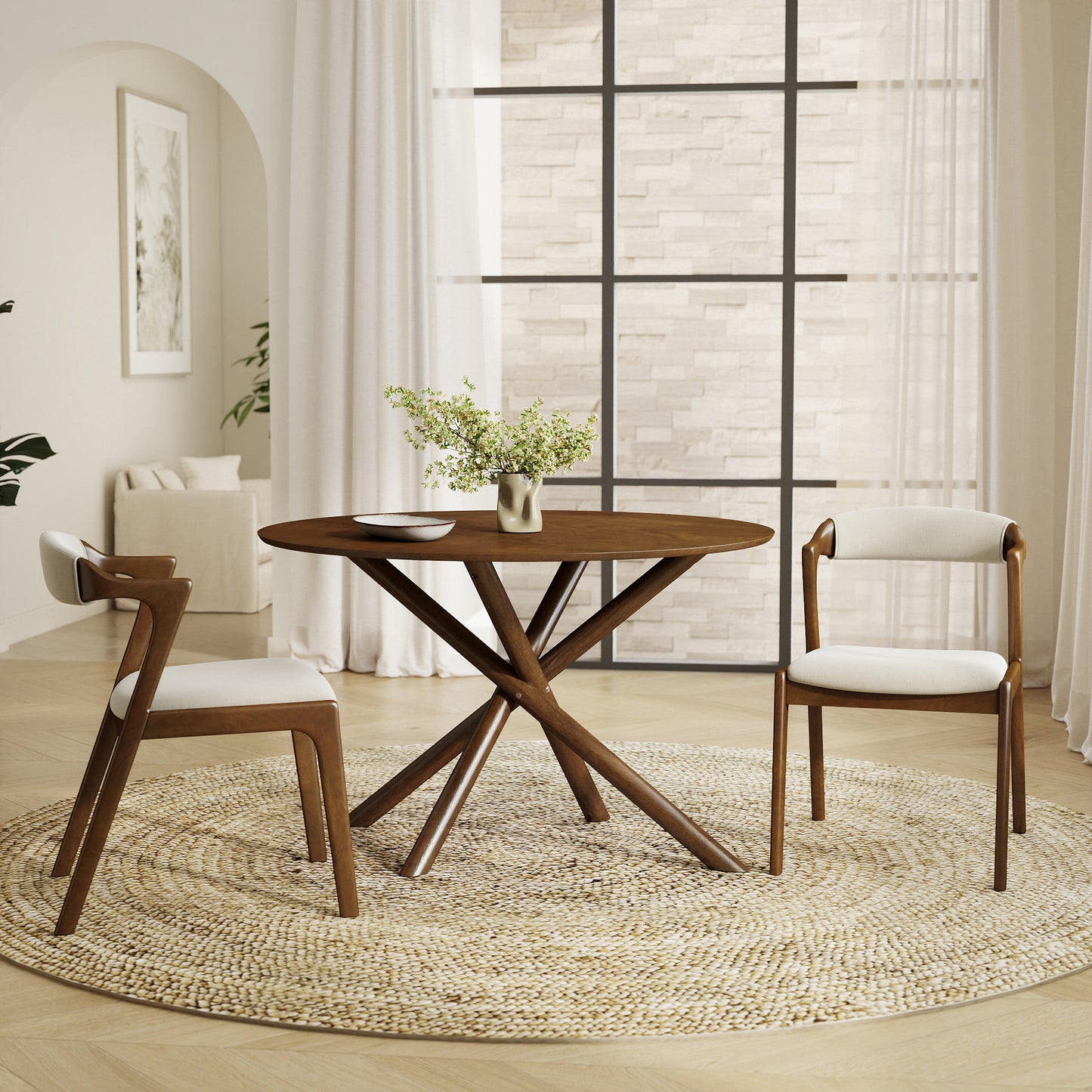 Roundhill Furniture Arnott 5-Piece Dining Set, Round Dining Table with 4 Stylish Chairs, Walnut Finish