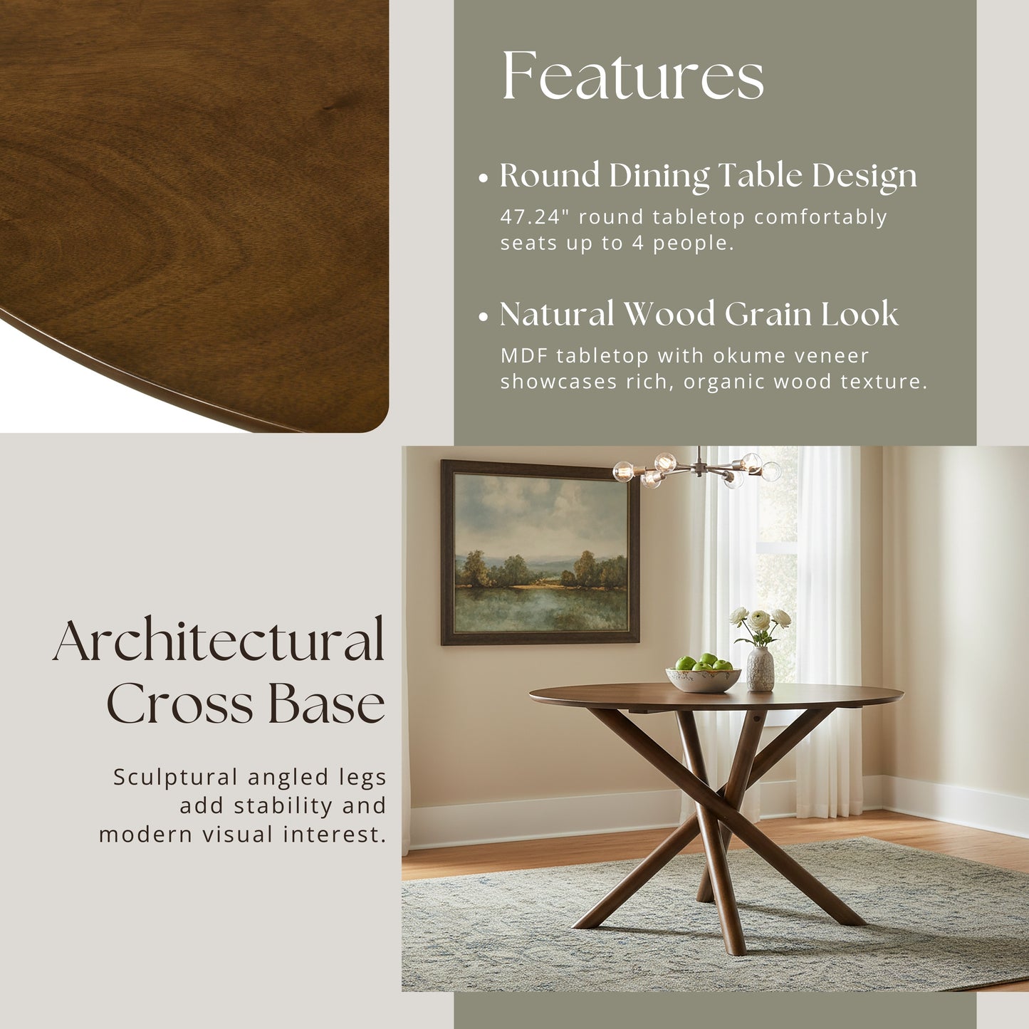 Roundhill Furniture Arnott 5-Piece Dining Set, Round Dining Table with 4 Stylish Chairs, Walnut Finish