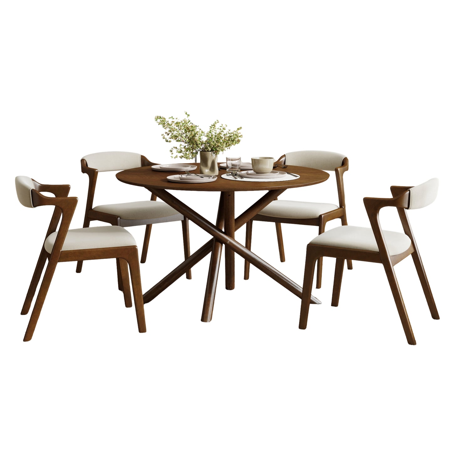 Roundhill Furniture Arnott 5-Piece Dining Set, Round Dining Table with 4 Stylish Chairs, Walnut Finish
