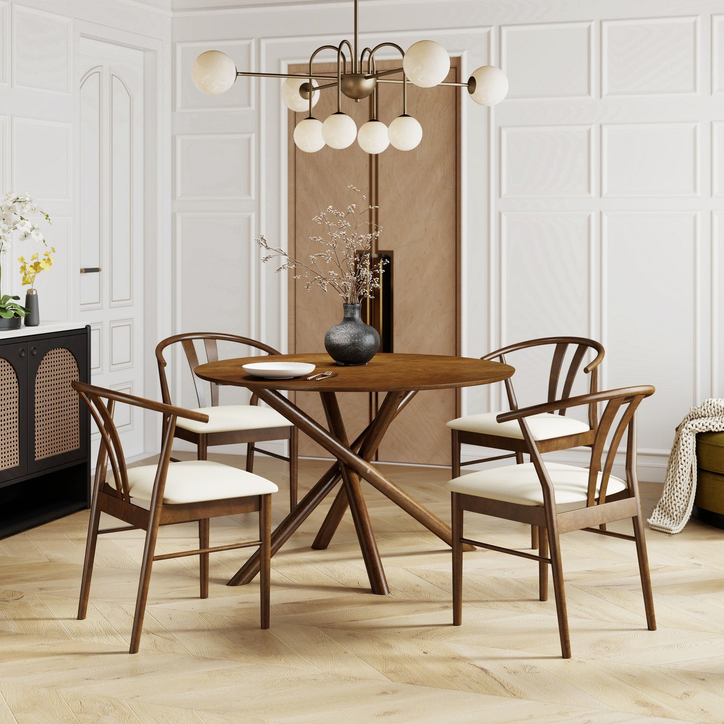 Roundhill Furniture Arnott 5-Piece Dining Set, Round Dining Table with 4 Stylish Chairs, Walnut Finish