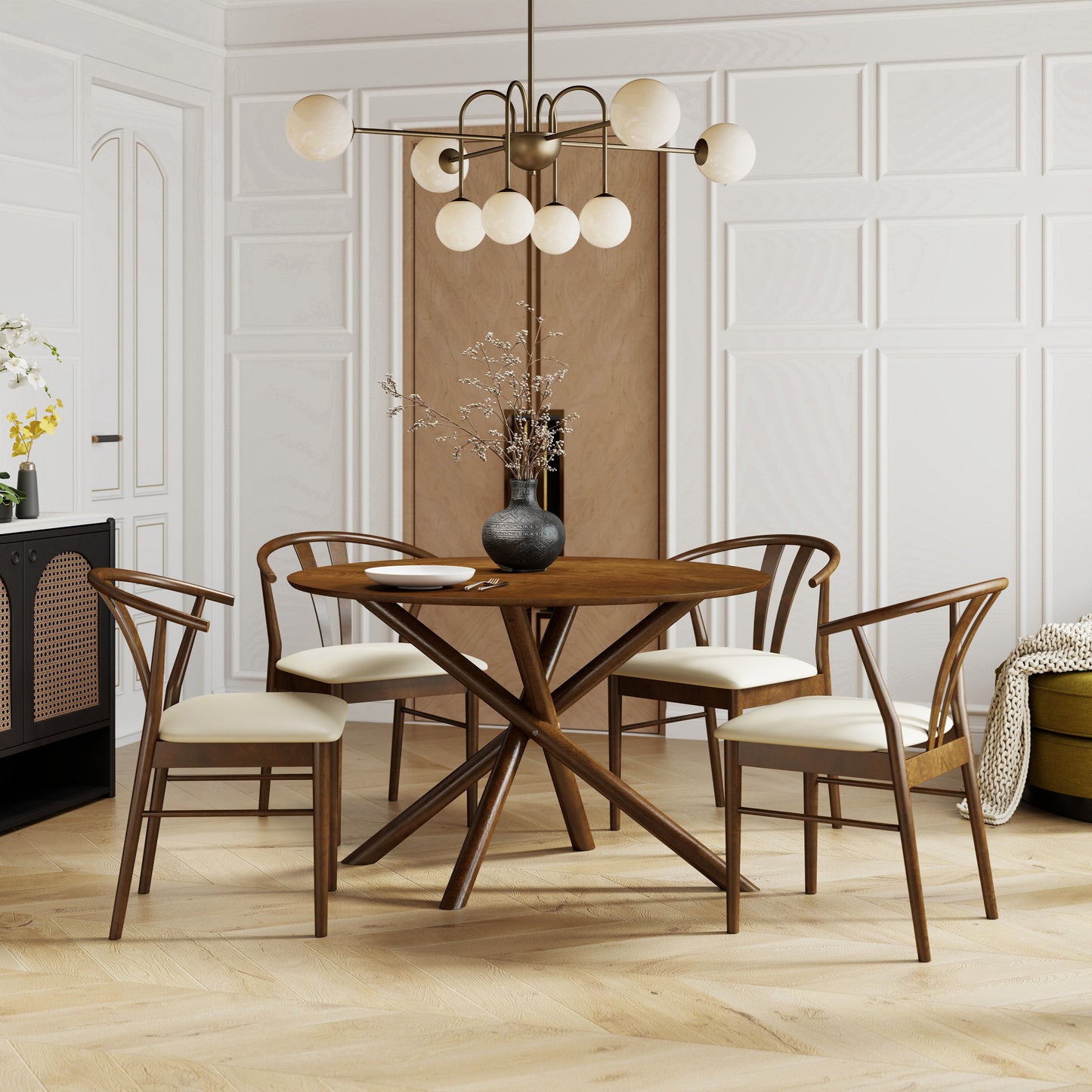 Roundhill Furniture Arnott 5-Piece Dining Set, Round Dining Table with 4 Stylish Chairs, Walnut Finish