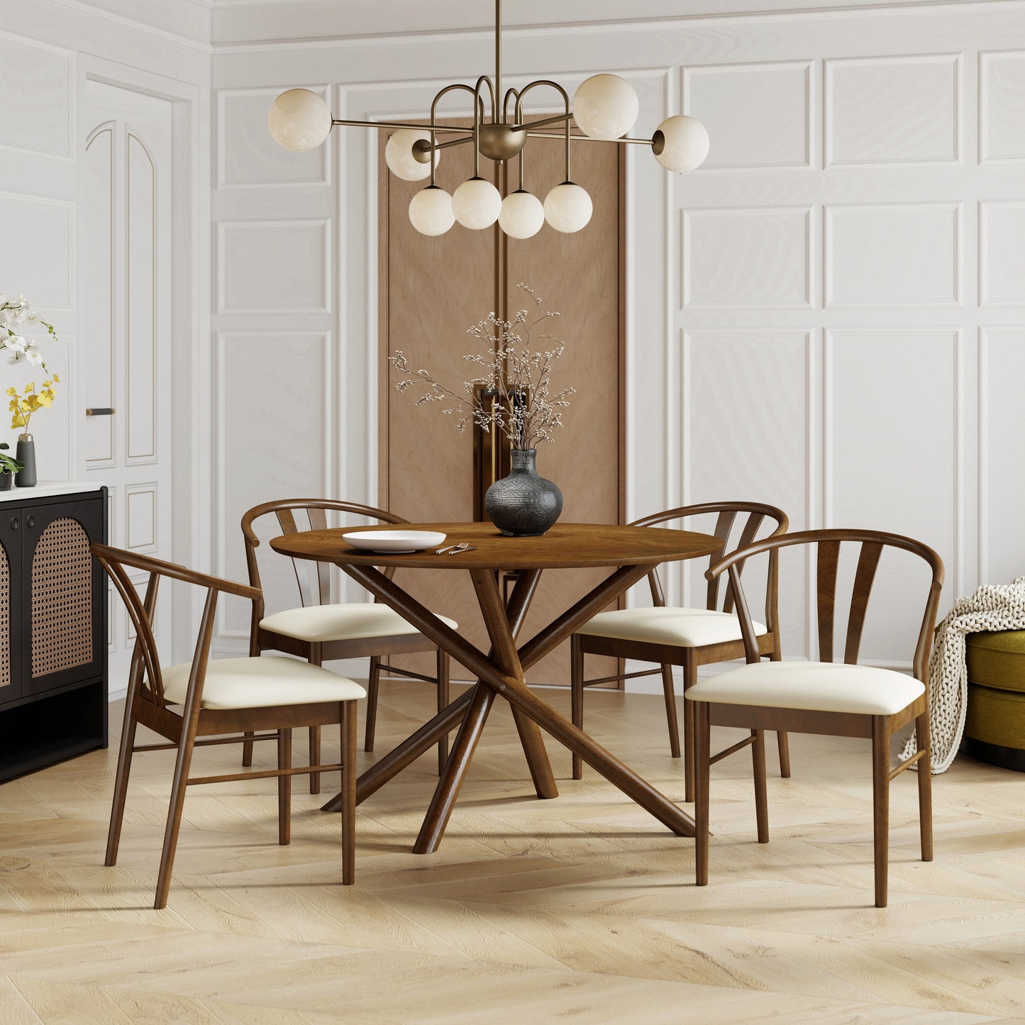 Roundhill Furniture Arnott 5-Piece Dining Set, Round Dining Table with 4 Stylish Chairs, Walnut Finish