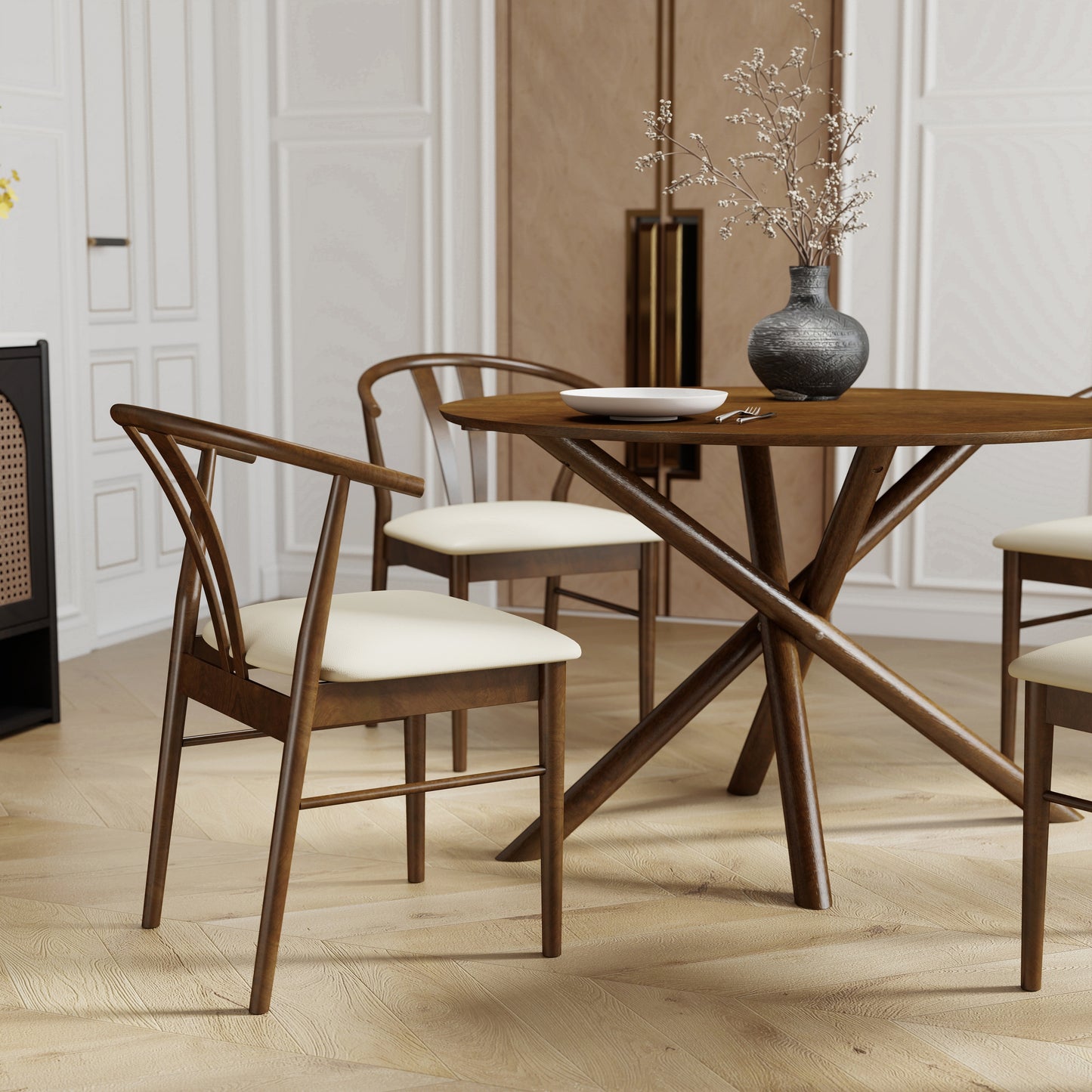 Roundhill Furniture Arnott 5-Piece Dining Set, Round Dining Table with 4 Stylish Chairs, Walnut Finish