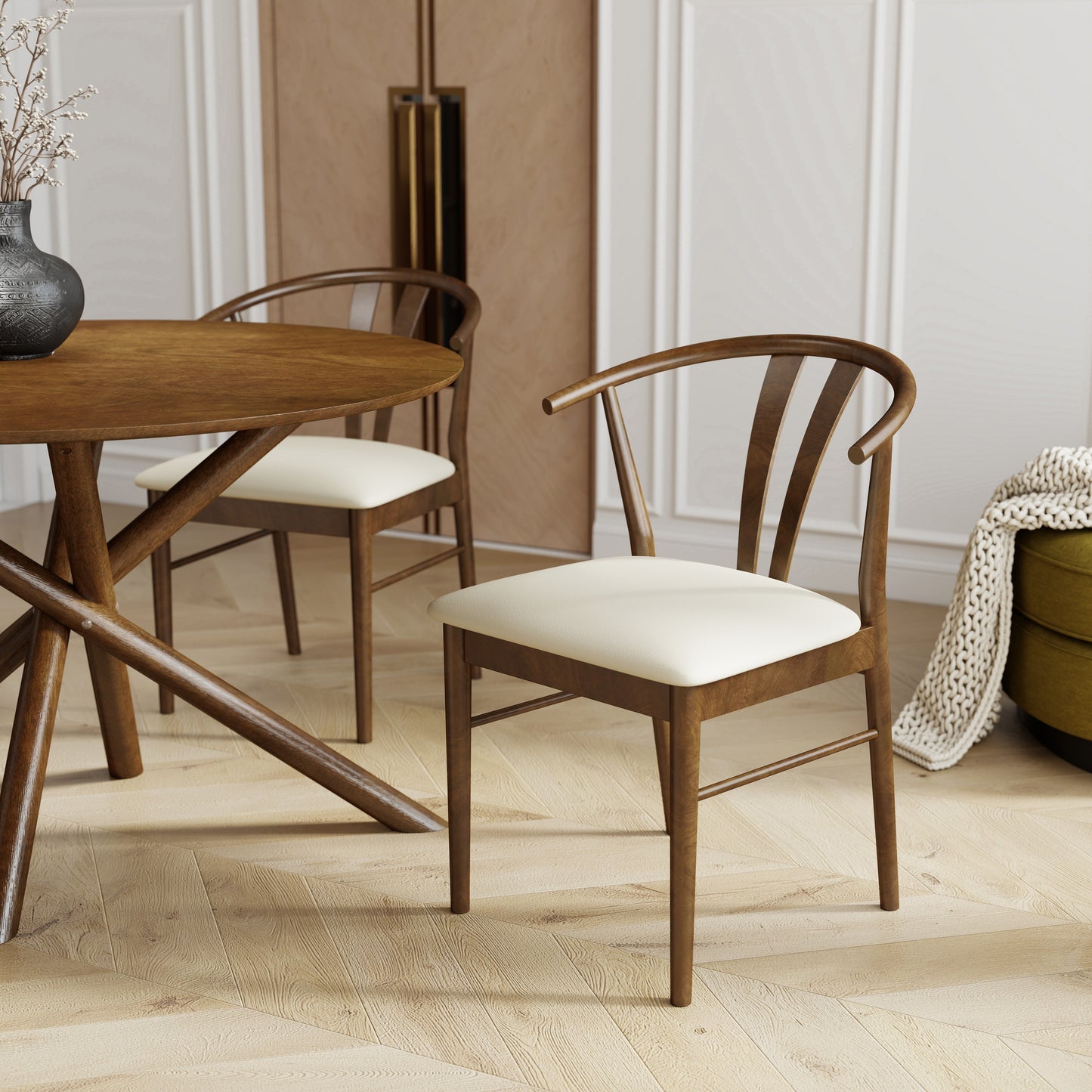 Roundhill Furniture Arnott 5-Piece Dining Set, Round Dining Table with 4 Stylish Chairs, Walnut Finish