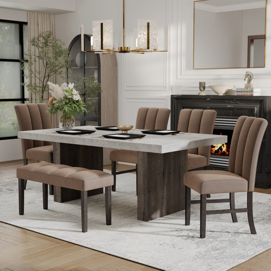 Roundhill Furniture Sorlen 6-Piece Dining Set, 3D Faux Concrete Table with 4 Chocolate Fabric Chairs and a Bench