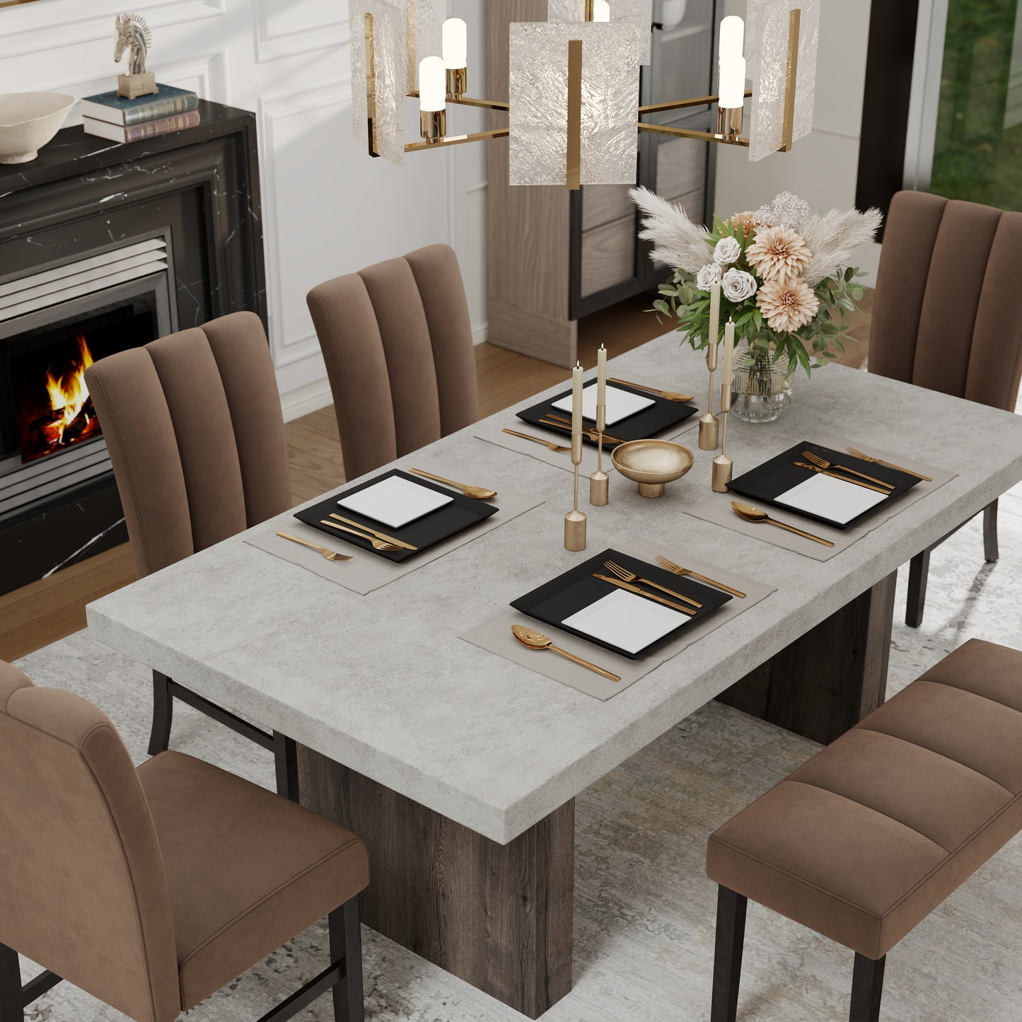 Roundhill Furniture Sorlen 6-Piece Dining Set, 3D Faux Concrete Table with 4 Chocolate Fabric Chairs and a Bench