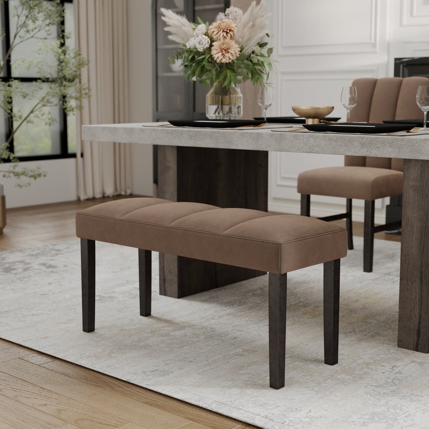 Roundhill Furniture Sorlen 6-Piece Dining Set, 3D Faux Concrete Table with 4 Chocolate Fabric Chairs and a Bench