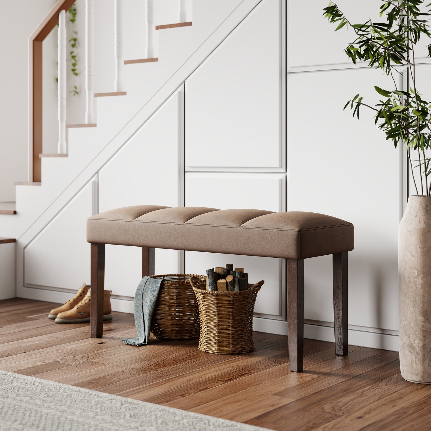 Roundhill Furniture Sorlen 6-Piece Dining Set, 3D Faux Concrete Table with 4 Chocolate Fabric Chairs and a Bench