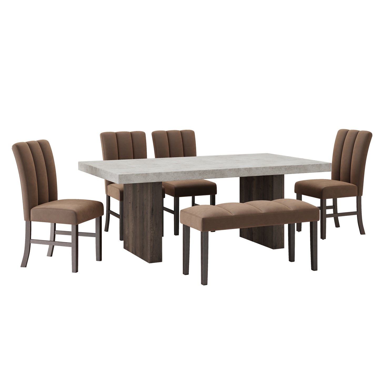 Roundhill Furniture Sorlen 6-Piece Dining Set, 3D Faux Concrete Table with 4 Chocolate Fabric Chairs and a Bench