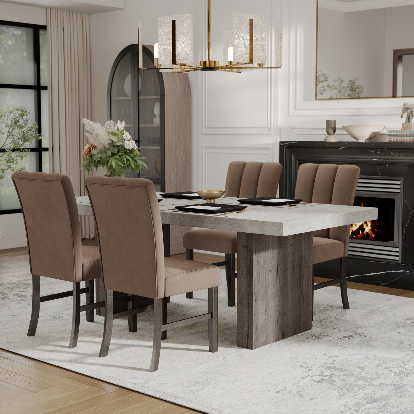 Roundhill Furniture Sorlen 5-Piece Dining Set, 3D Faux Concrete Table with 4 Chocolate Fabric Chairs