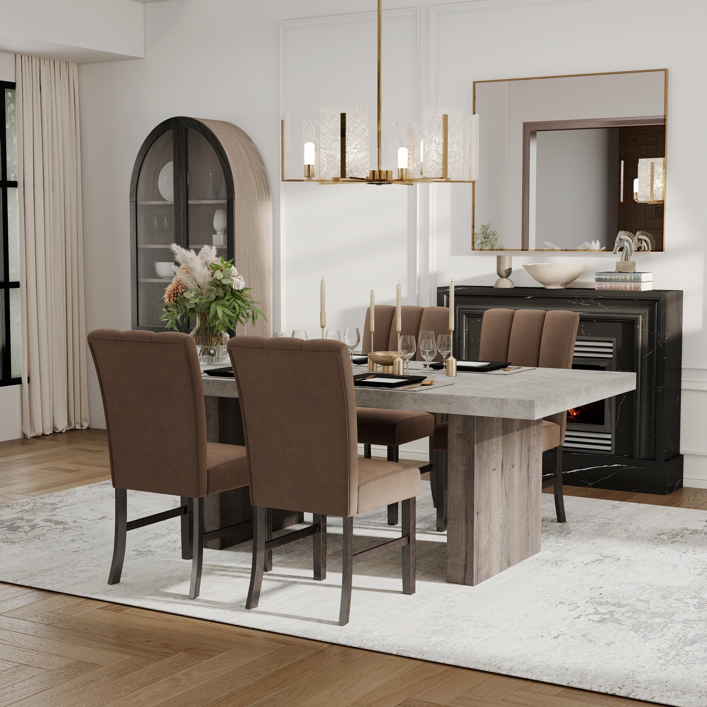 Roundhill Furniture Sorlen 5-Piece Dining Set, 3D Faux Concrete Table with 4 Chocolate Fabric Chairs