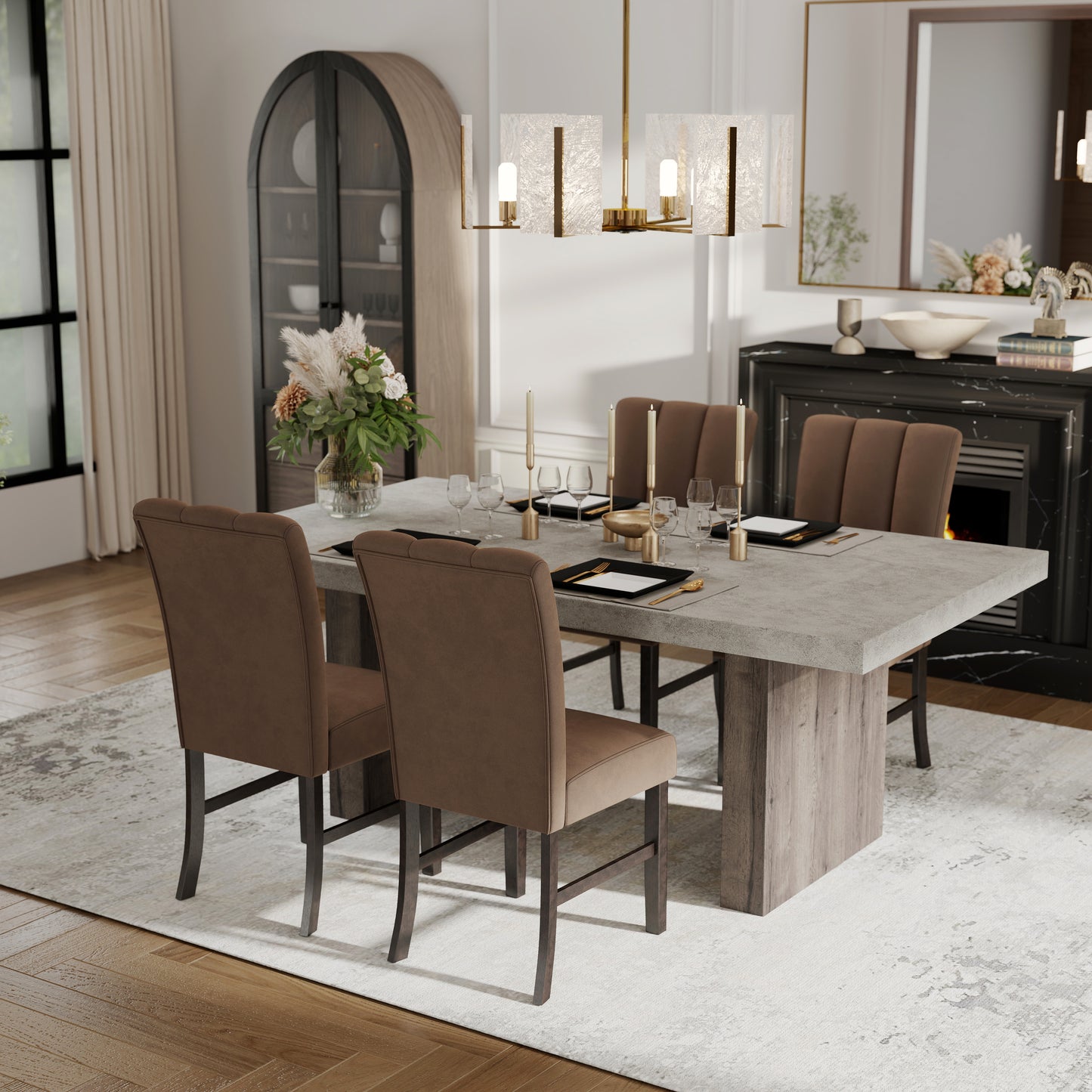 Roundhill Furniture Sorlen 5-Piece Dining Set, 3D Faux Concrete Table with 4 Chocolate Fabric Chairs