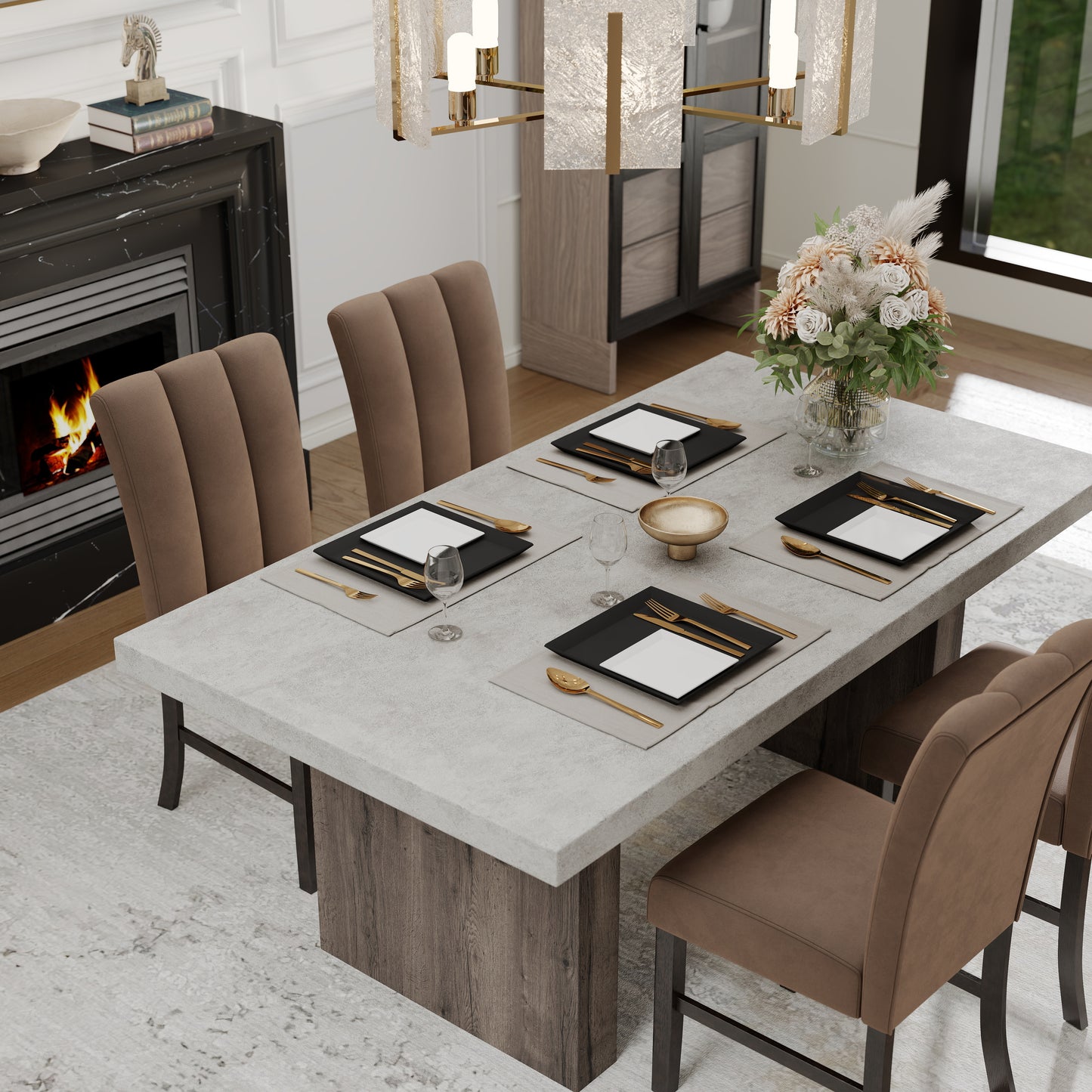 Roundhill Furniture Sorlen 5-Piece Dining Set, 3D Faux Concrete Table with 4 Chocolate Fabric Chairs