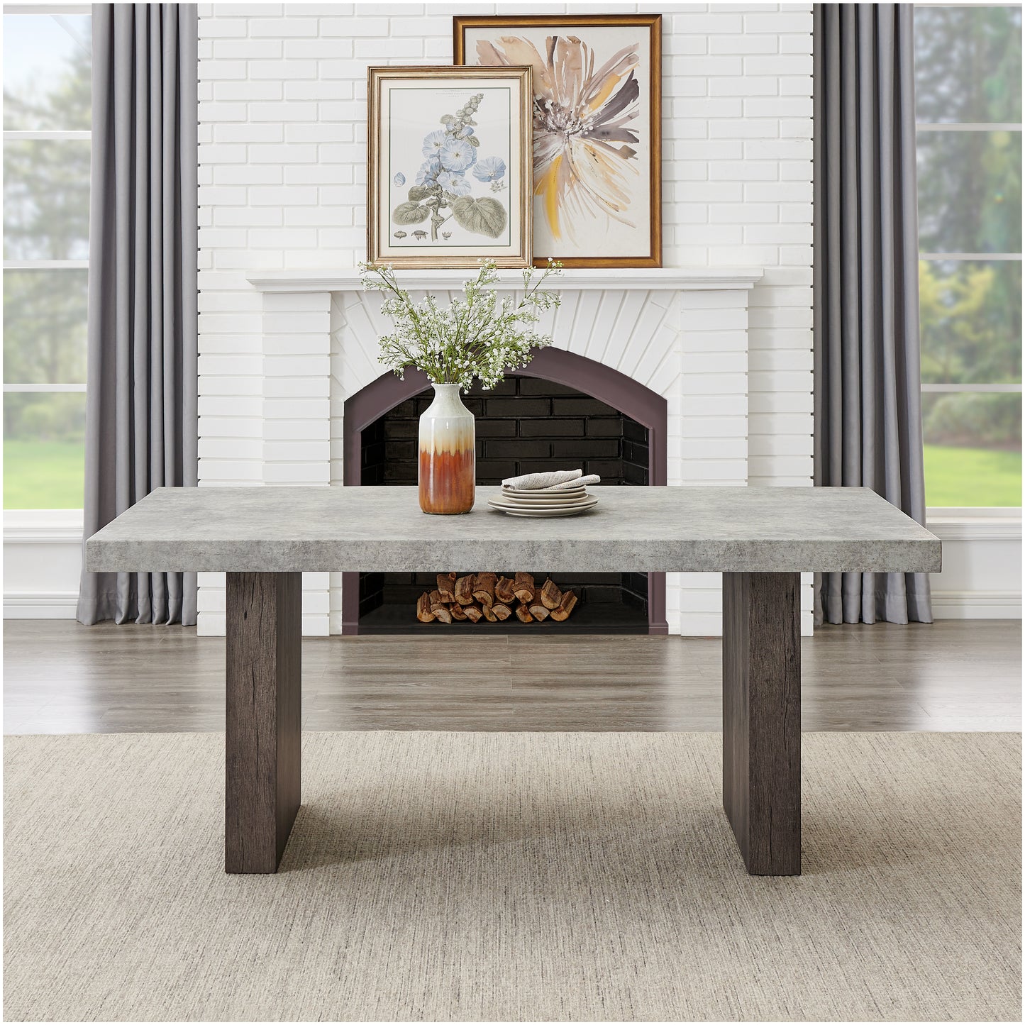 Roundhill Furniture Sorlen 5-Piece Dining Set, 3D Faux Concrete Table with 4 Chocolate Fabric Chairs