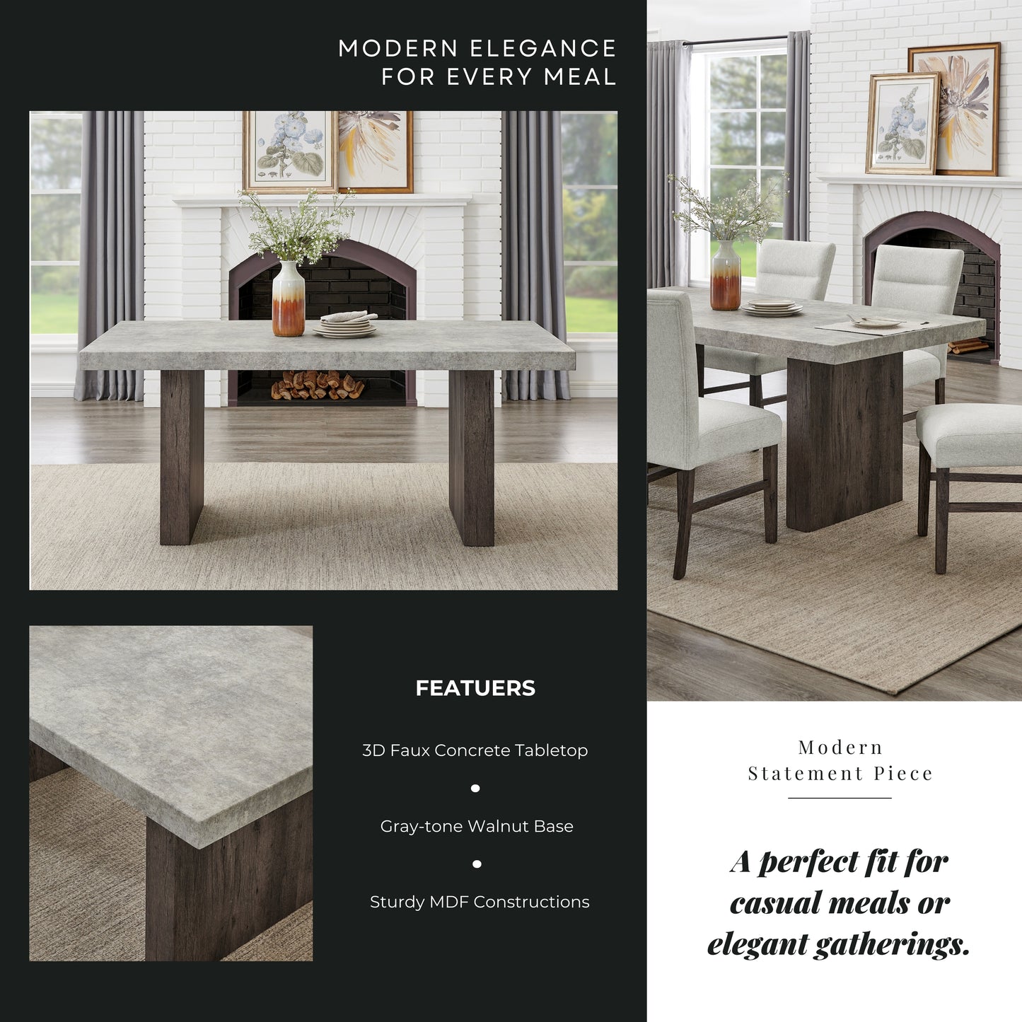 Roundhill Furniture Sorlen 5-Piece Dining Set, 3D Faux Concrete Table with 4 Chocolate Fabric Chairs