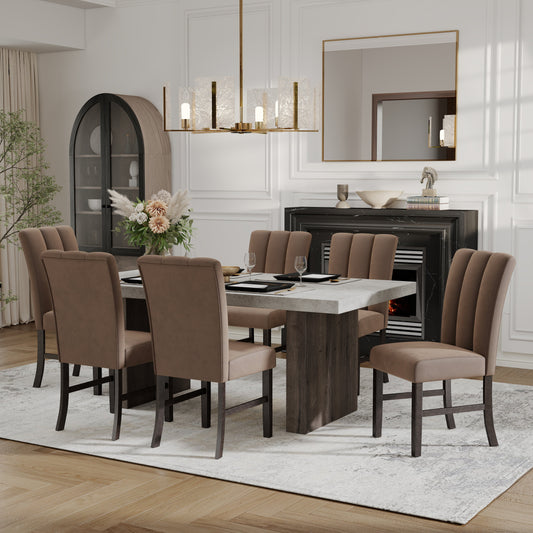 Roundhill Furniture Sorlen 7-Piece Dining Set, 3D Faux Concrete Table with 6 Chocolate Fabric Chairs