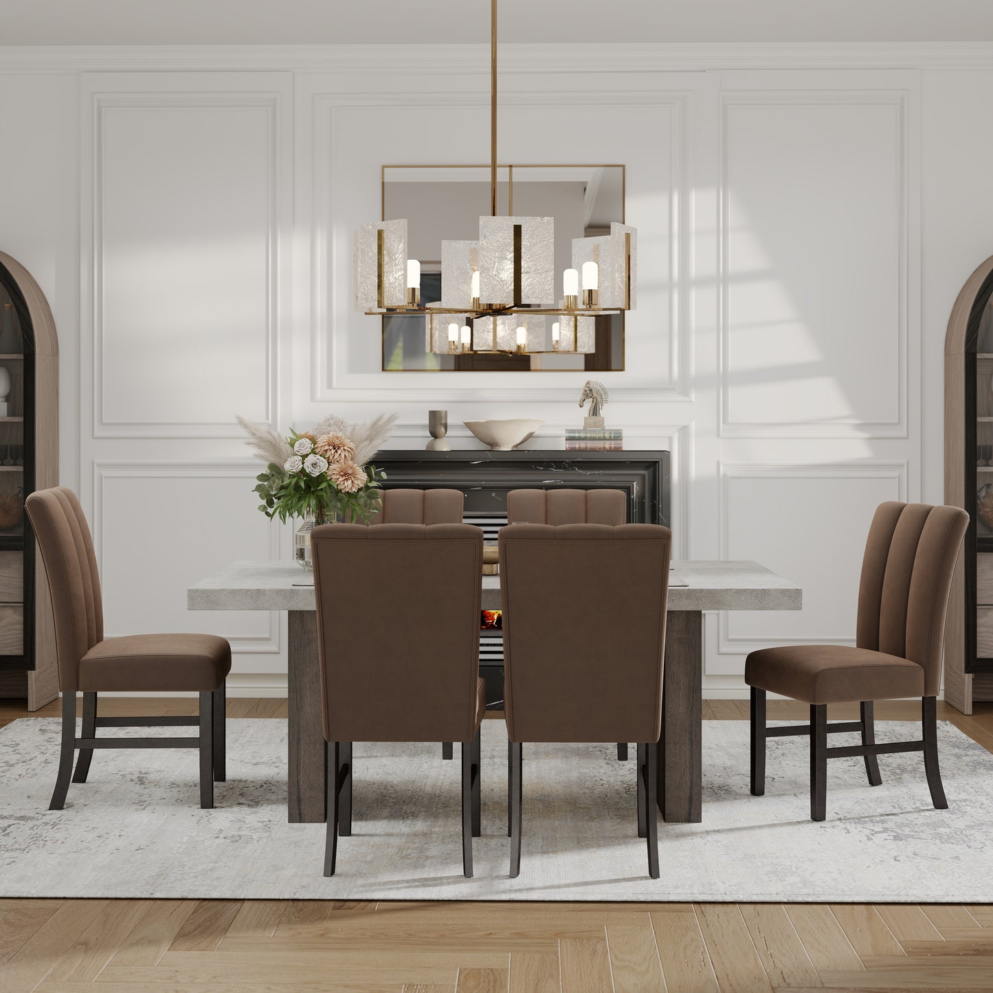 Roundhill Furniture Sorlen 7-Piece Dining Set, 3D Faux Concrete Table with 6 Chocolate Fabric Chairs