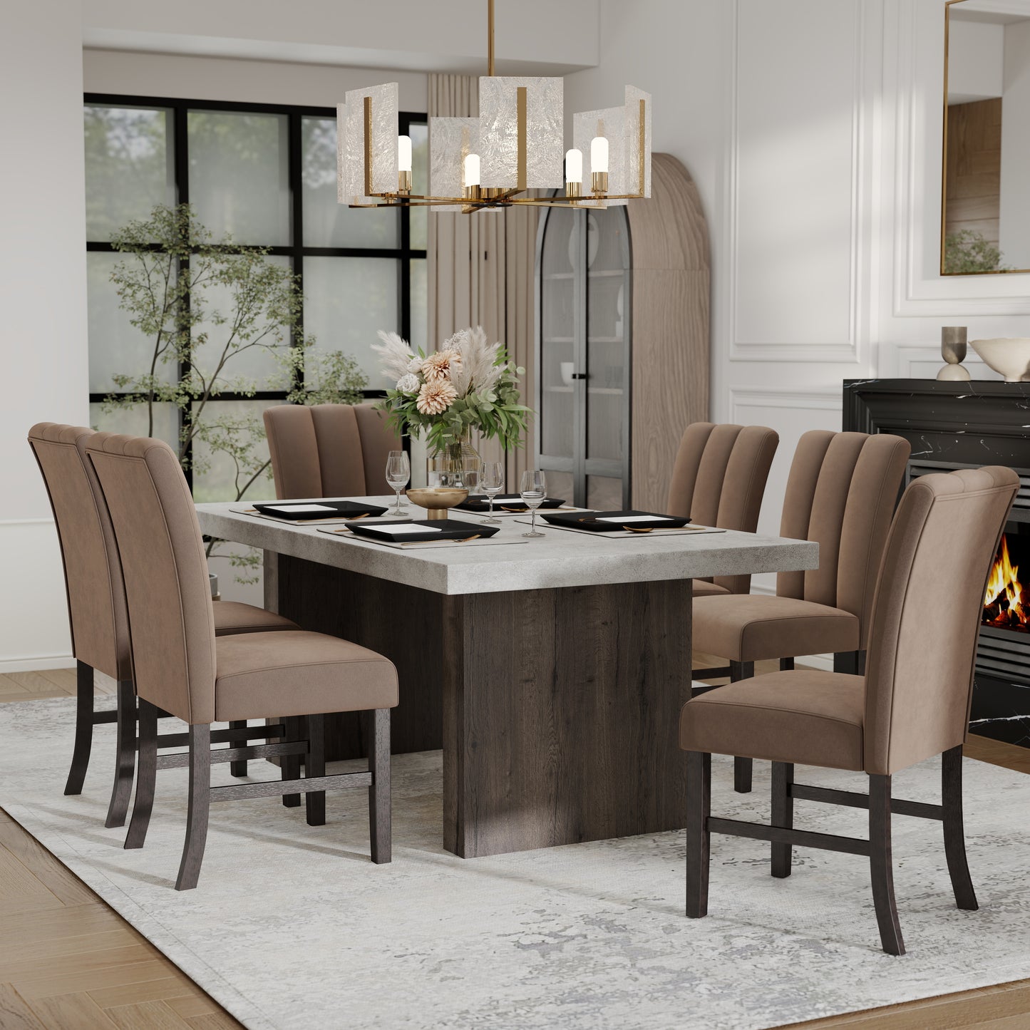 Roundhill Furniture Sorlen 7-Piece Dining Set, 3D Faux Concrete Table with 6 Chocolate Fabric Chairs