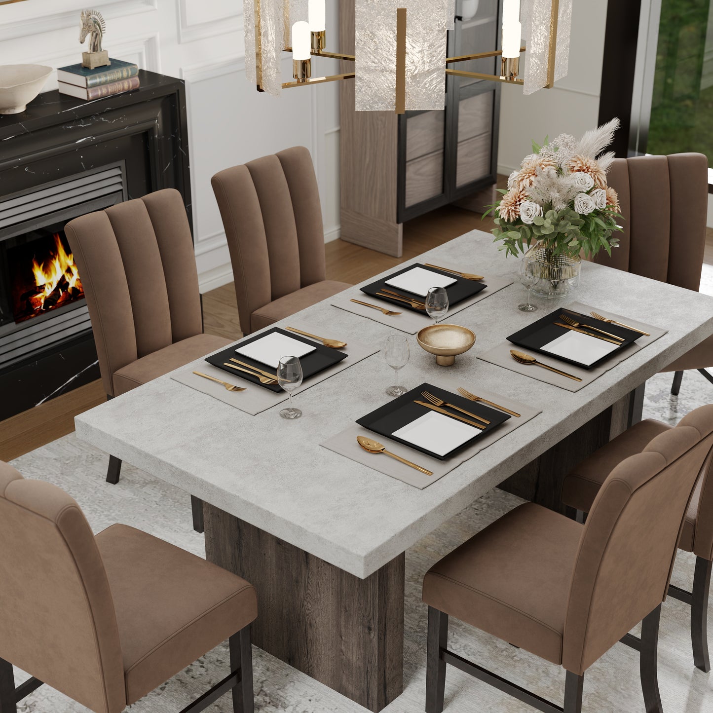 Roundhill Furniture Sorlen 7-Piece Dining Set, 3D Faux Concrete Table with 6 Chocolate Fabric Chairs