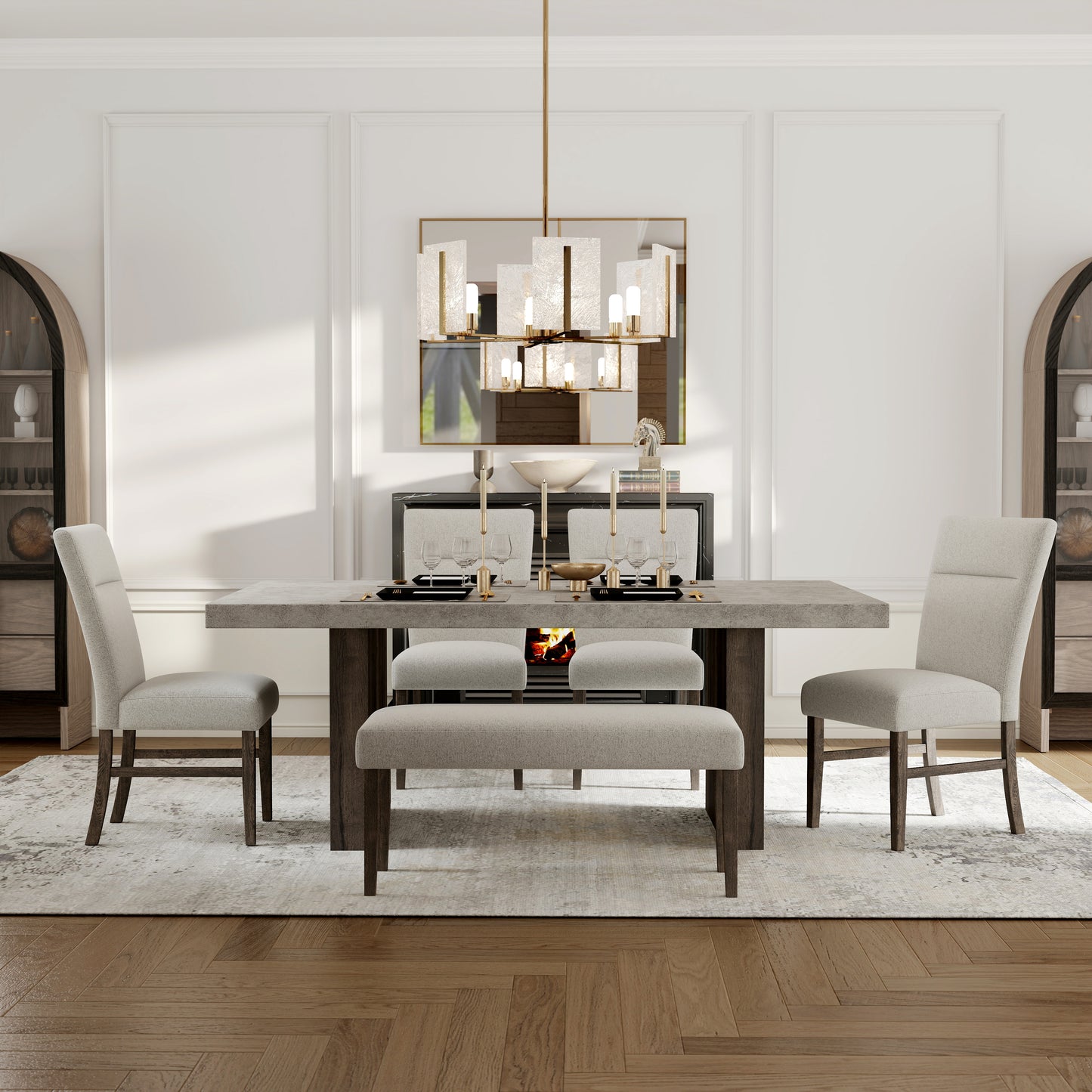 Annex & Co Sorlen Modern 6-Piece Dining Set, 3D Faux Concrete Table with 4 Chairs and Bench