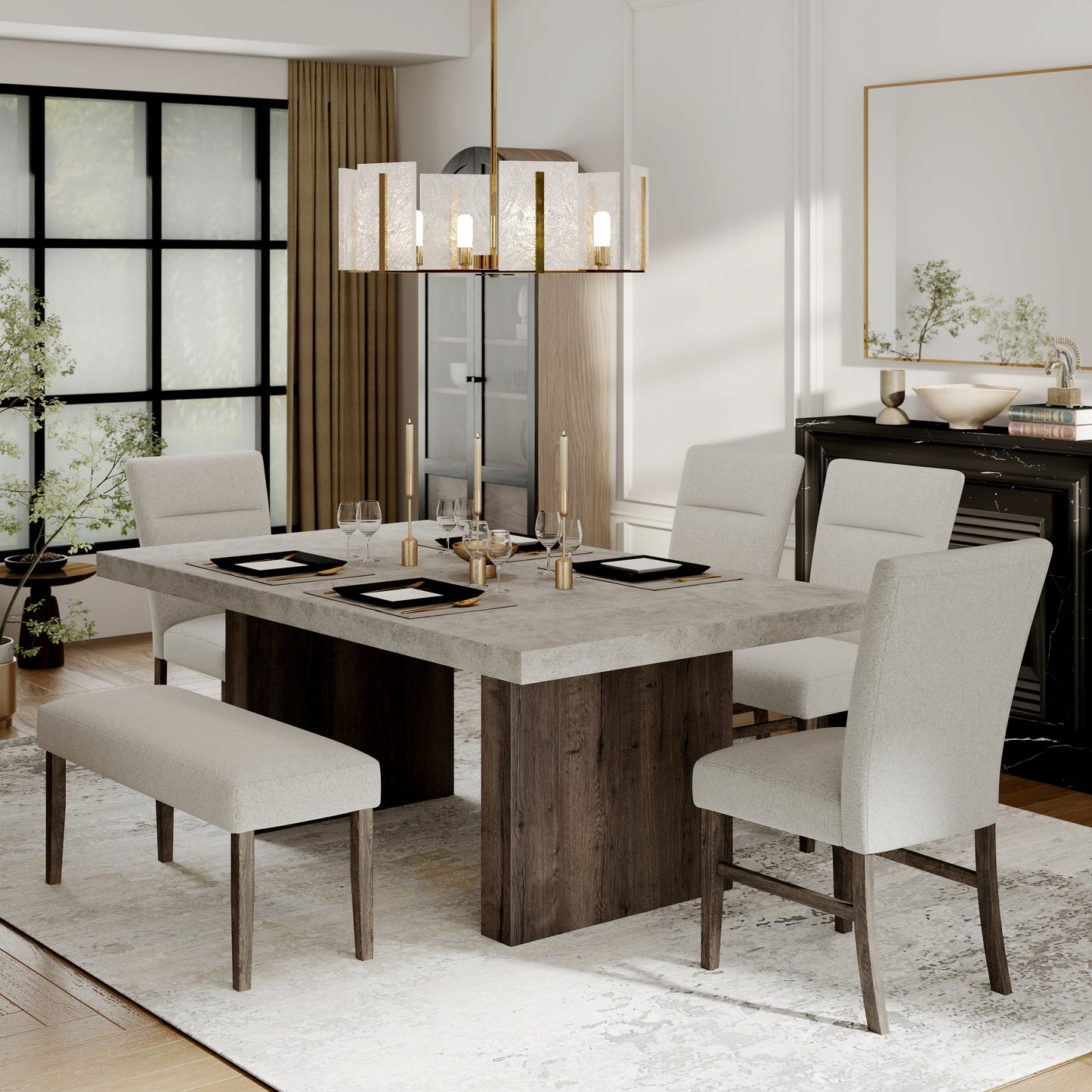 Annex & Co Sorlen Modern 6-Piece Dining Set, 3D Faux Concrete Table with 4 Chairs and Bench