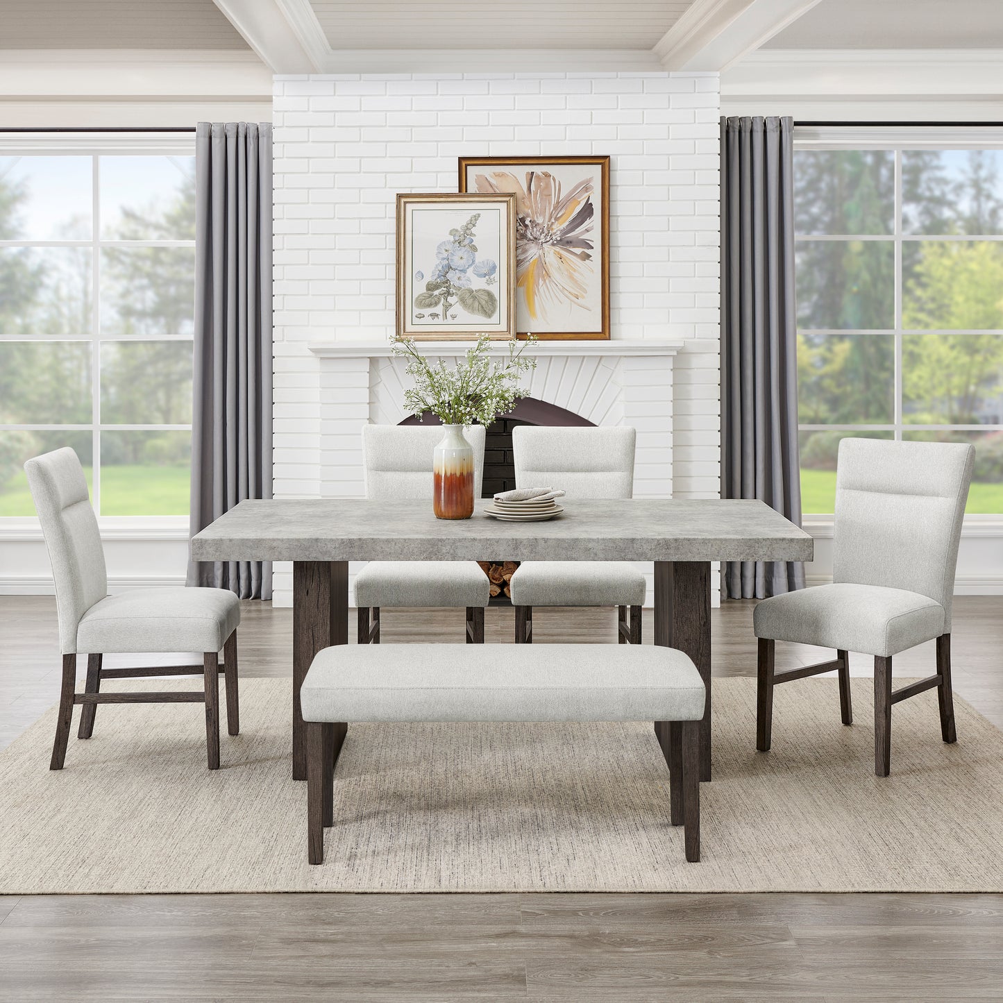 Annex & Co Sorlen Modern 6-Piece Dining Set, 3D Faux Concrete Table with 4 Chairs and Bench