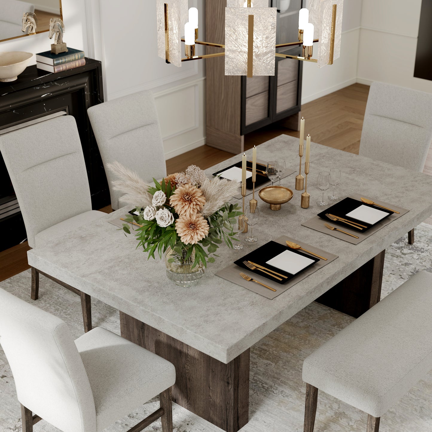 Annex & Co Sorlen Modern 6-Piece Dining Set, 3D Faux Concrete Table with 4 Chairs and Bench