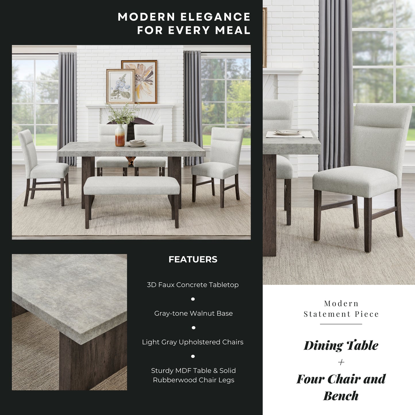 Annex & Co Sorlen Modern 6-Piece Dining Set, 3D Faux Concrete Table with 4 Chairs and Bench