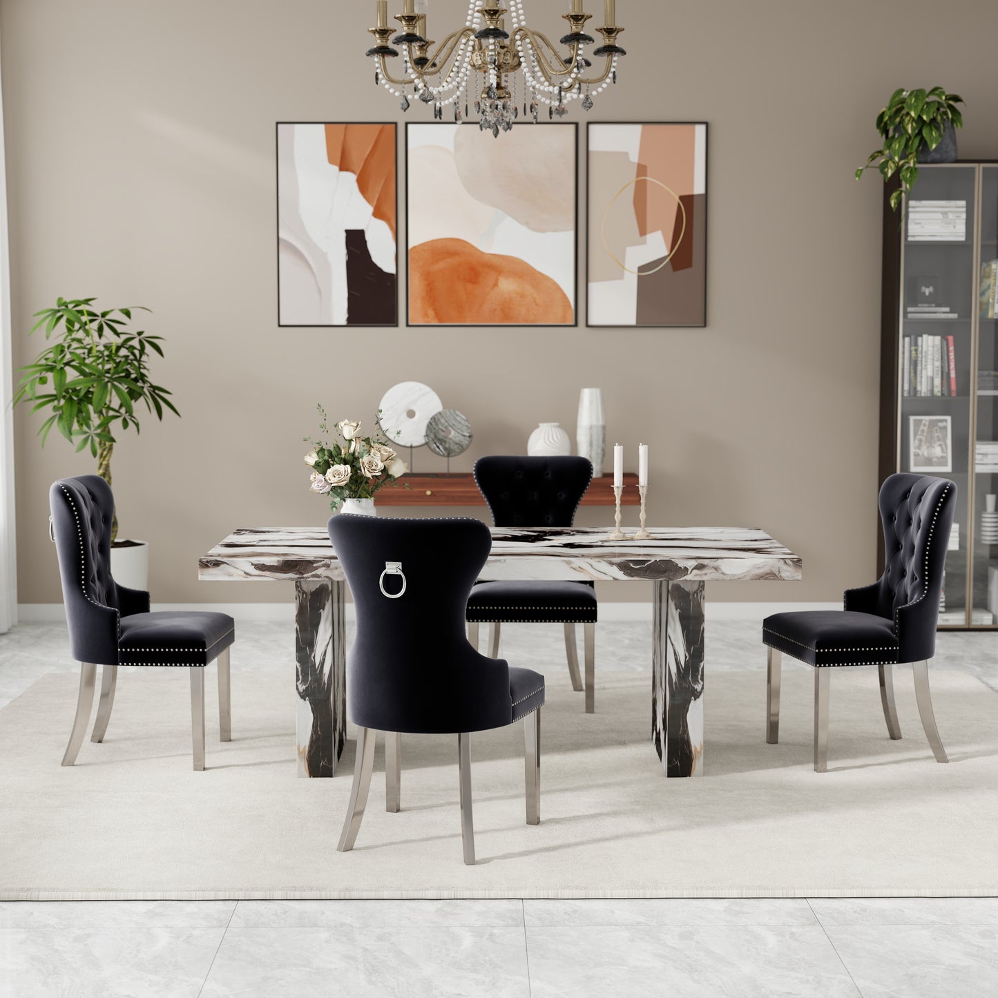 Roundhill Furniture Cavira Modern Dining Set, Faux Marble Dining Table with Four Chairs